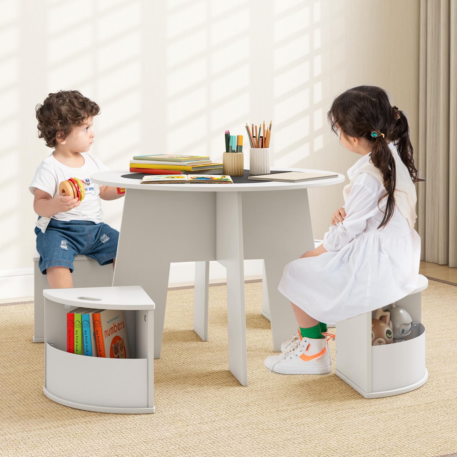 INFANS Toddler Table and Chair Set with 4 Storage Stools