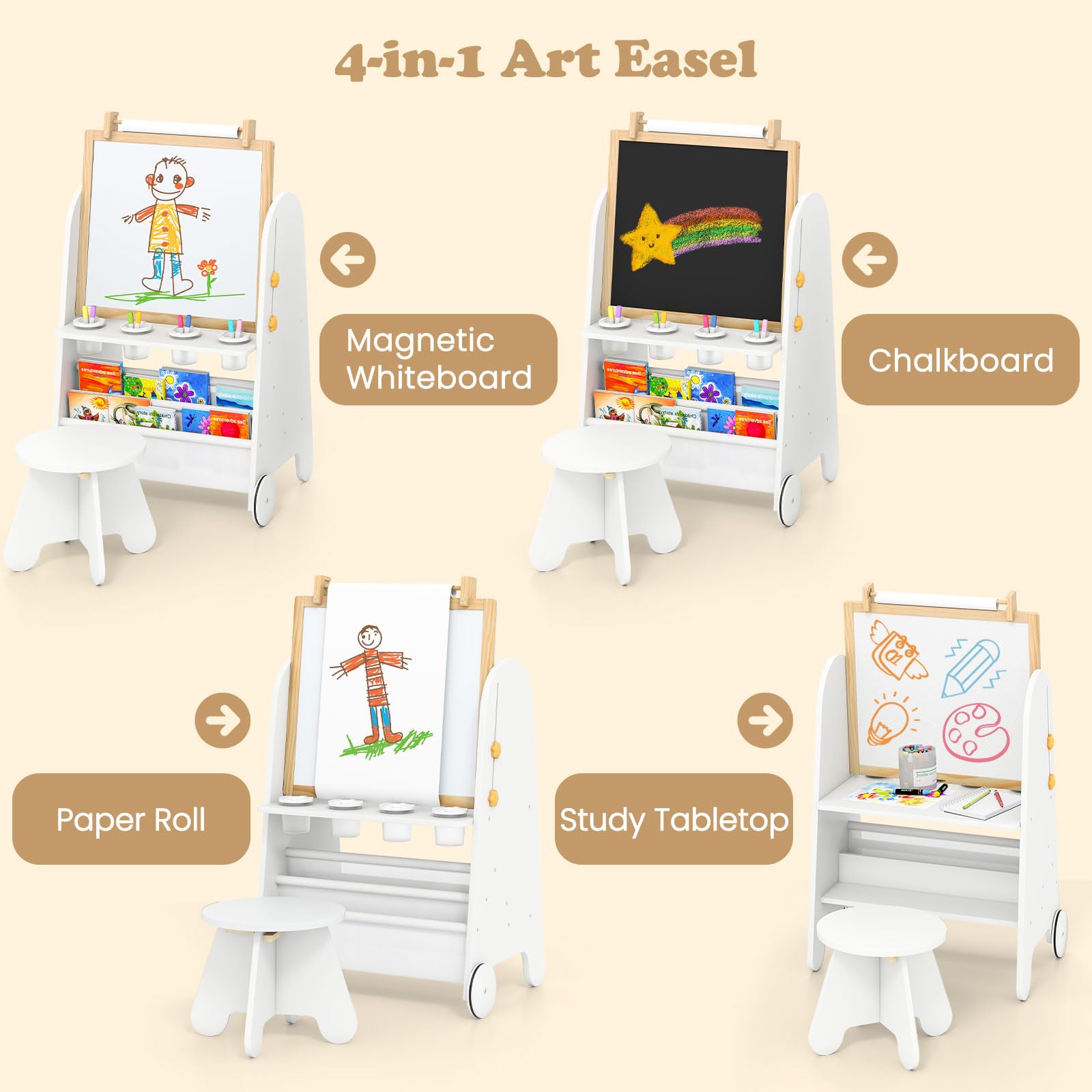 INFANS Easel for Kids with Stool, 4-in-1 Double-Sided Adjustable Magnetic Chalkboard with Paper Roll