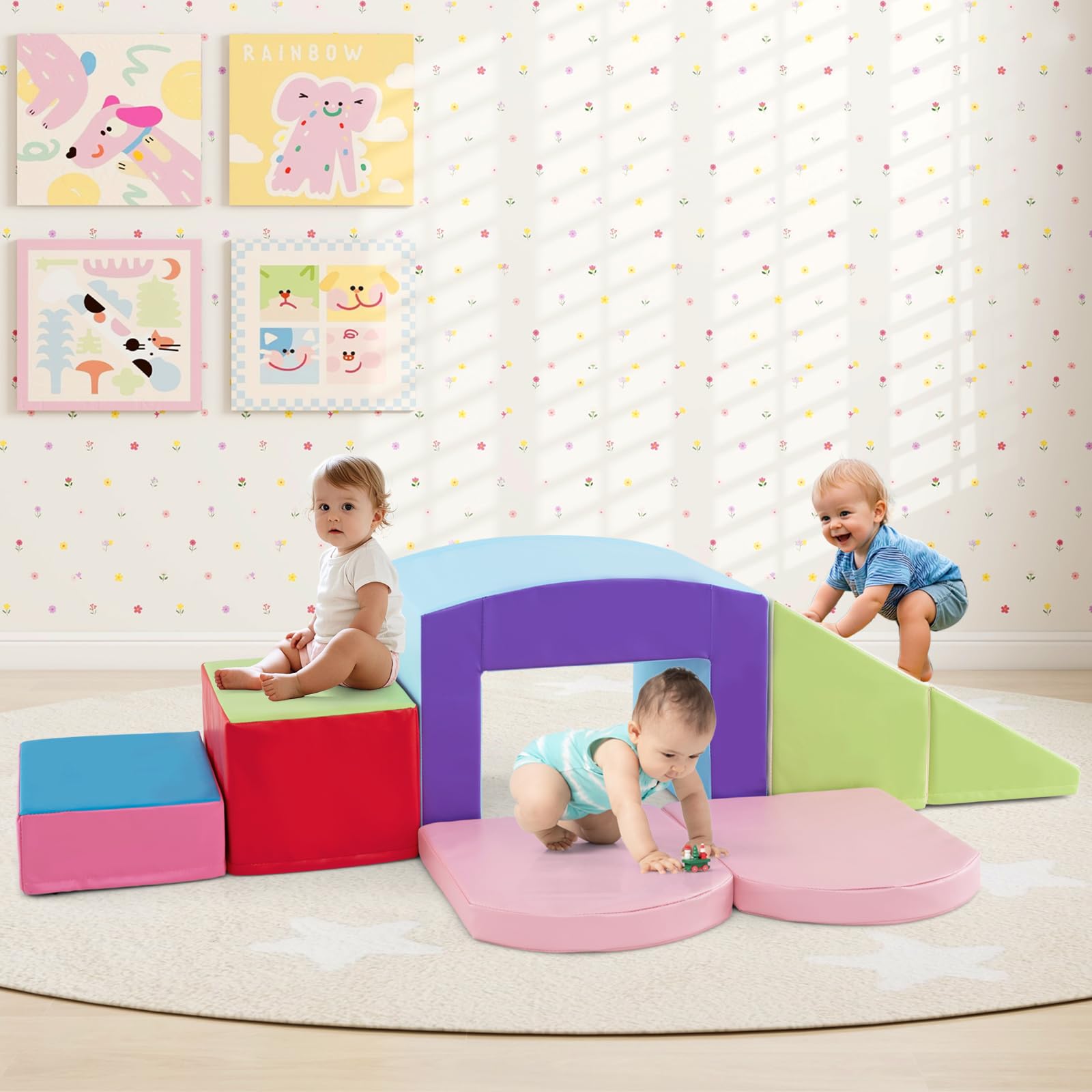 OLAKIDS Climbing Toys for Toddlers, 7 Piece Indoor Baby Foam Blocks Soft Play Set with PU Leather