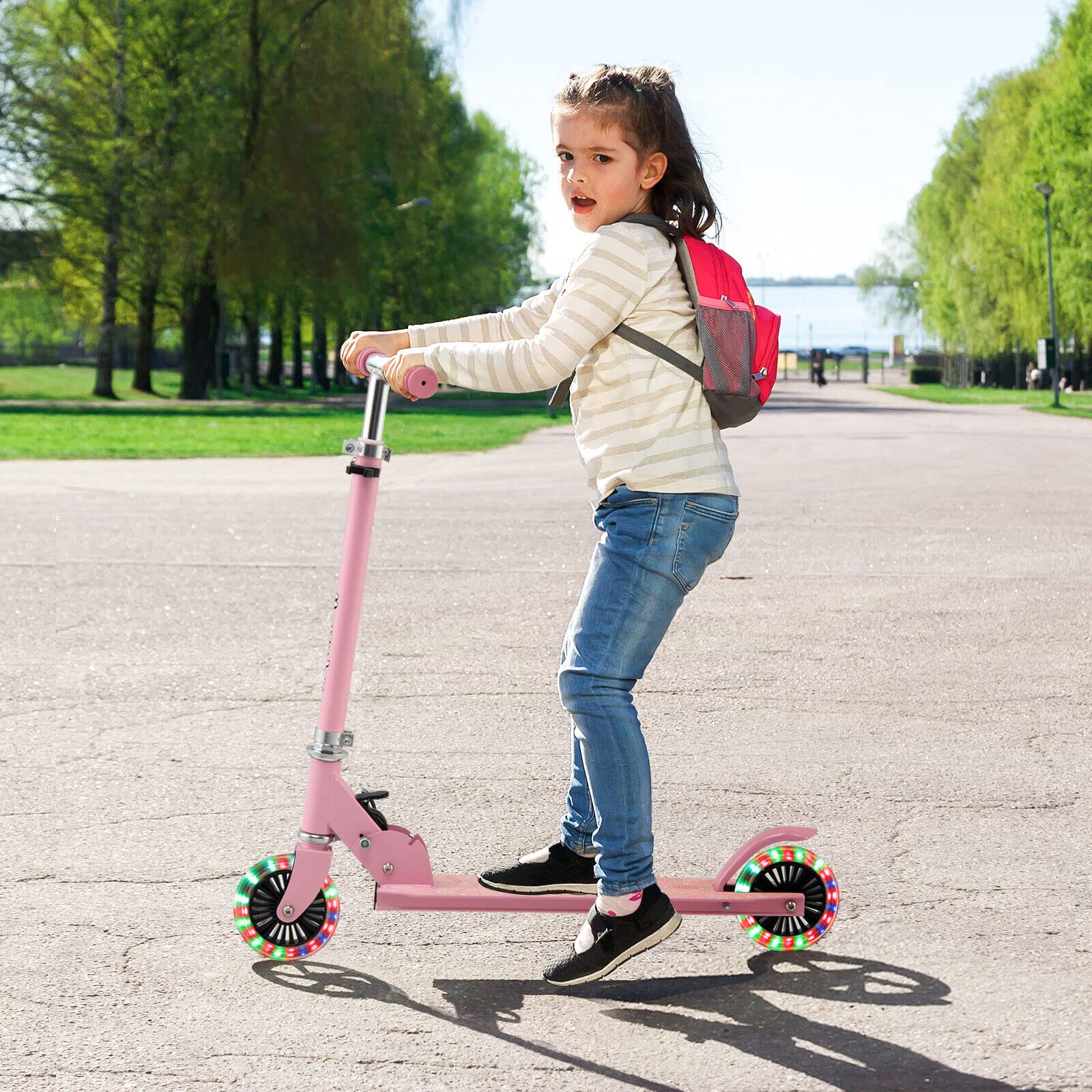 Kids Folding Kick Scooter, Scooter for Toddlers w/3 Adjustable Heights, 2 Light Up Flashing Wheels & Rear Brake System
