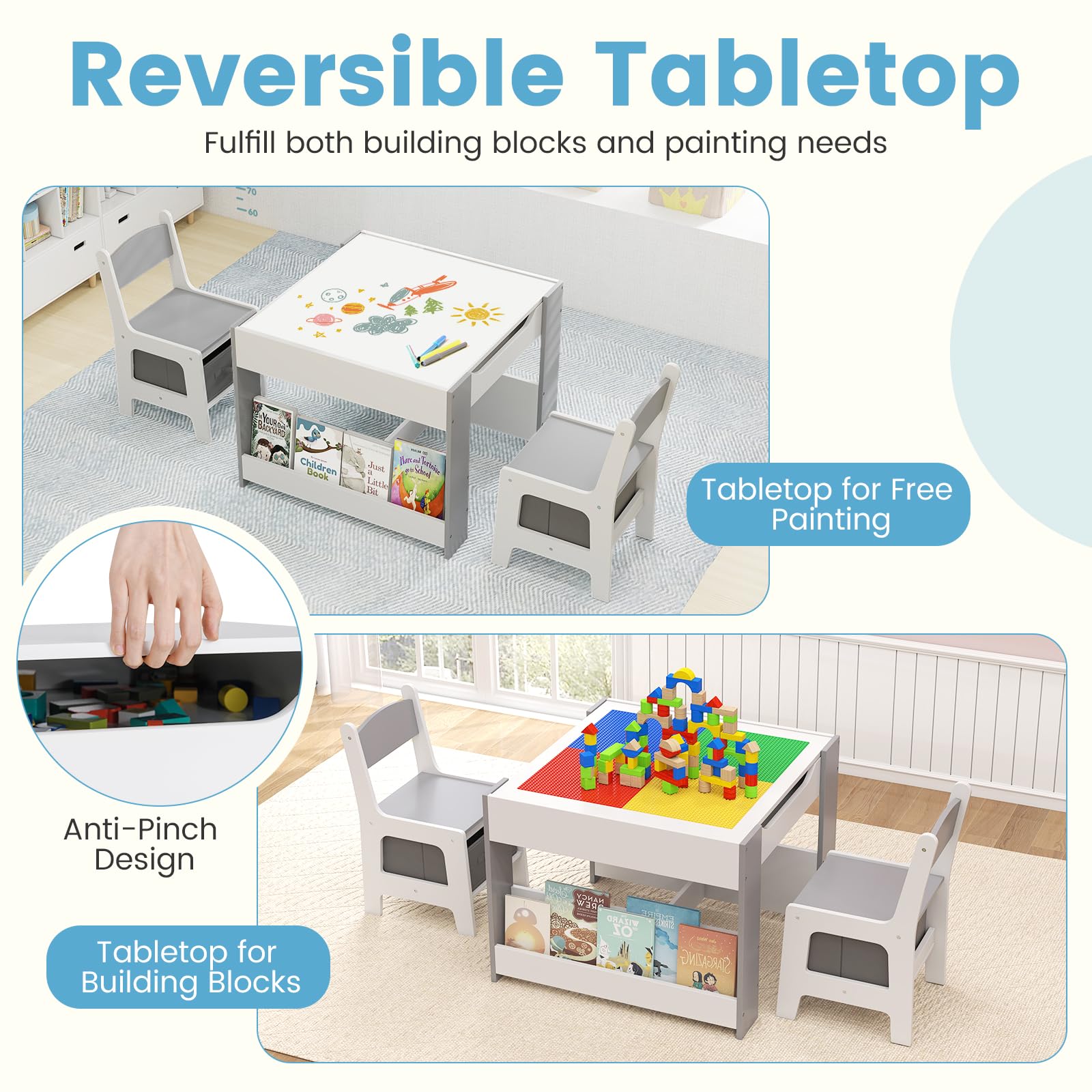 Kids Table and Chair Set, 4 in 1 Building Block Wooden Activity Desk with Reversible Tabletop Storage Drawers