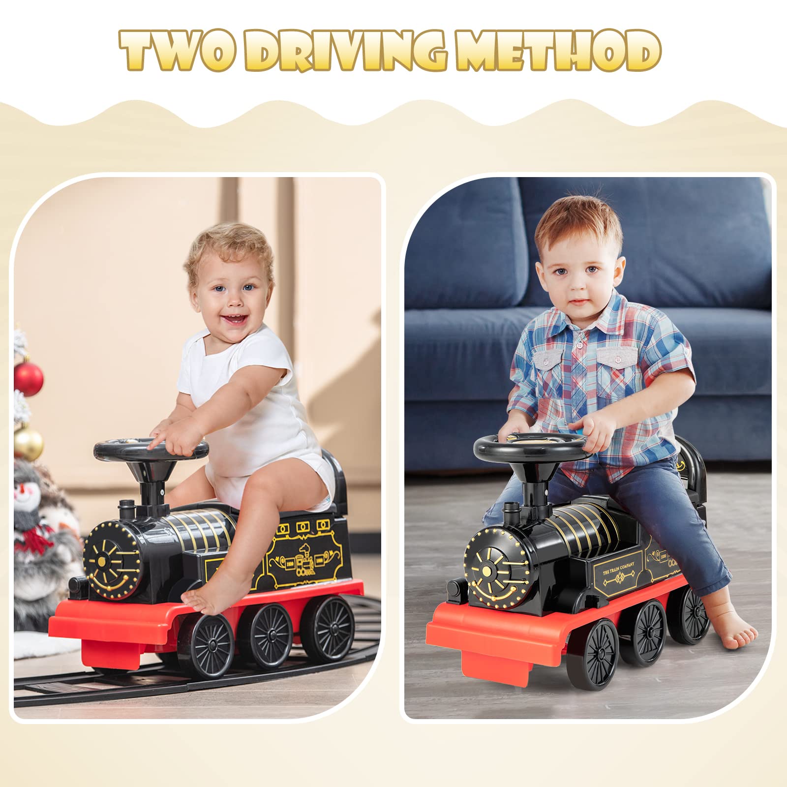 OLAKIDS Kids Ride On Train with Track 6V Electric Toy with Lights and Sounds