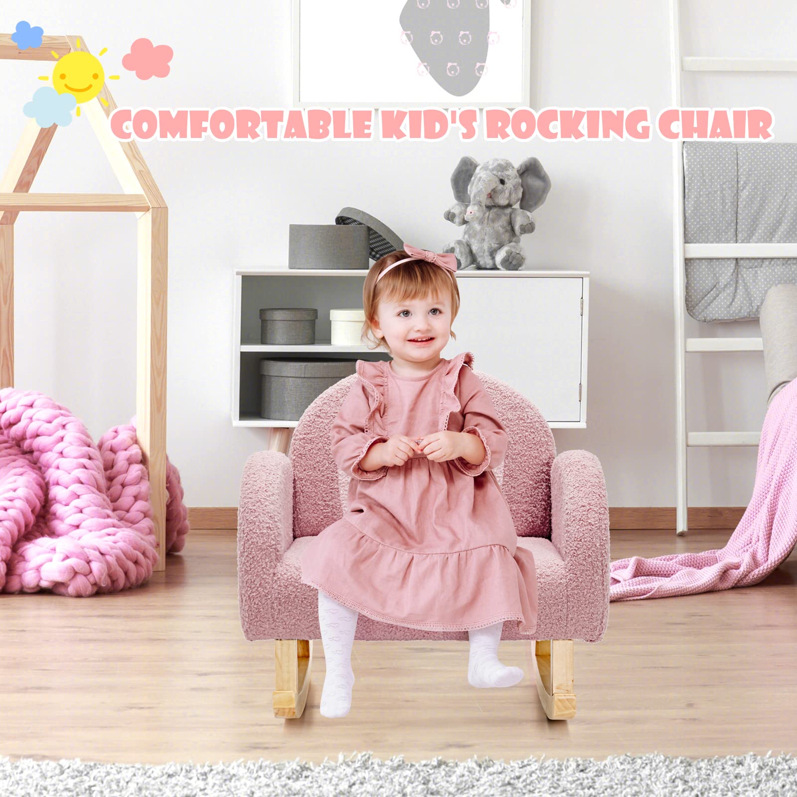 INFANS Kids Sofa Toddler Rocking Chair with Solid Wooden Frame, Anti-Tipping Design