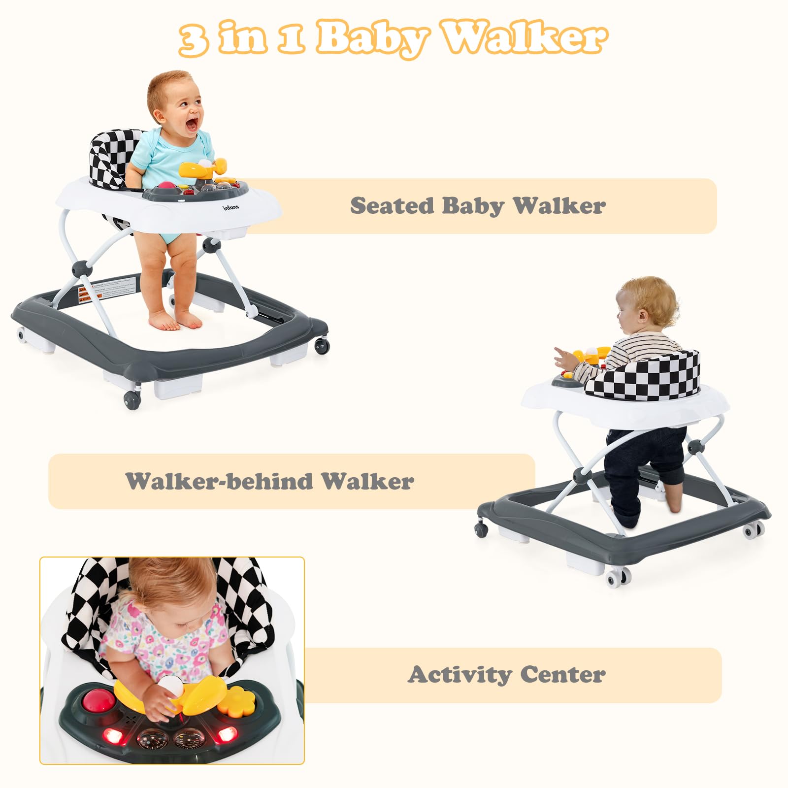INFANS Foldable Baby Walker 3 in 1 Toddler Walker Leaning-Seated Walk-Behind with Removable Music Tray