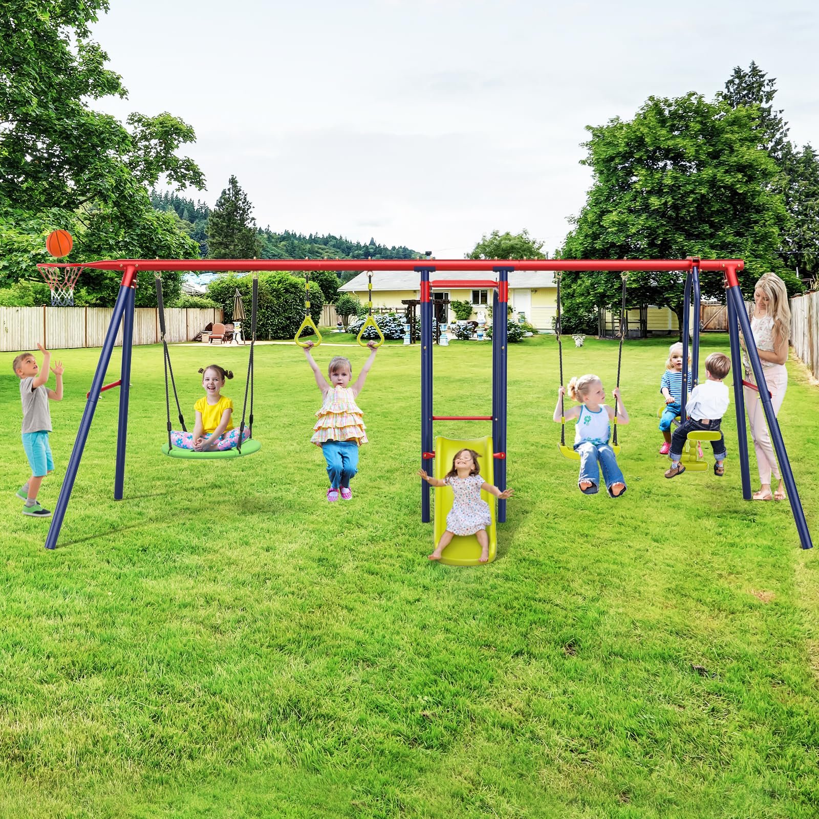 OLAKIDS 660lbs Swing Set, Outdoor A-Frame Heavy Duty Metal Swing Stand with Monkey Bar for Kids