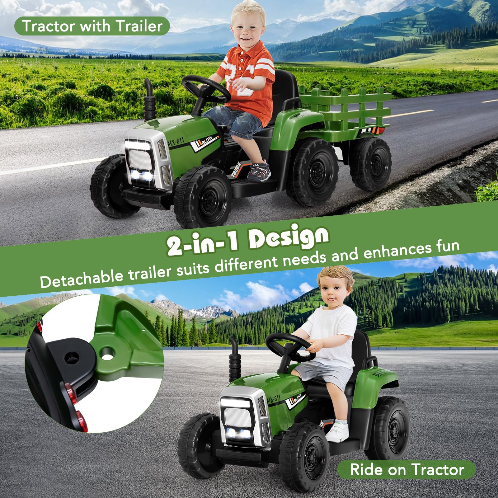 Kids Ride On Car, 12V Electric Ride On Tractor with Trailer for Children, Electric Toy Car for Over 3 w/Remote Control