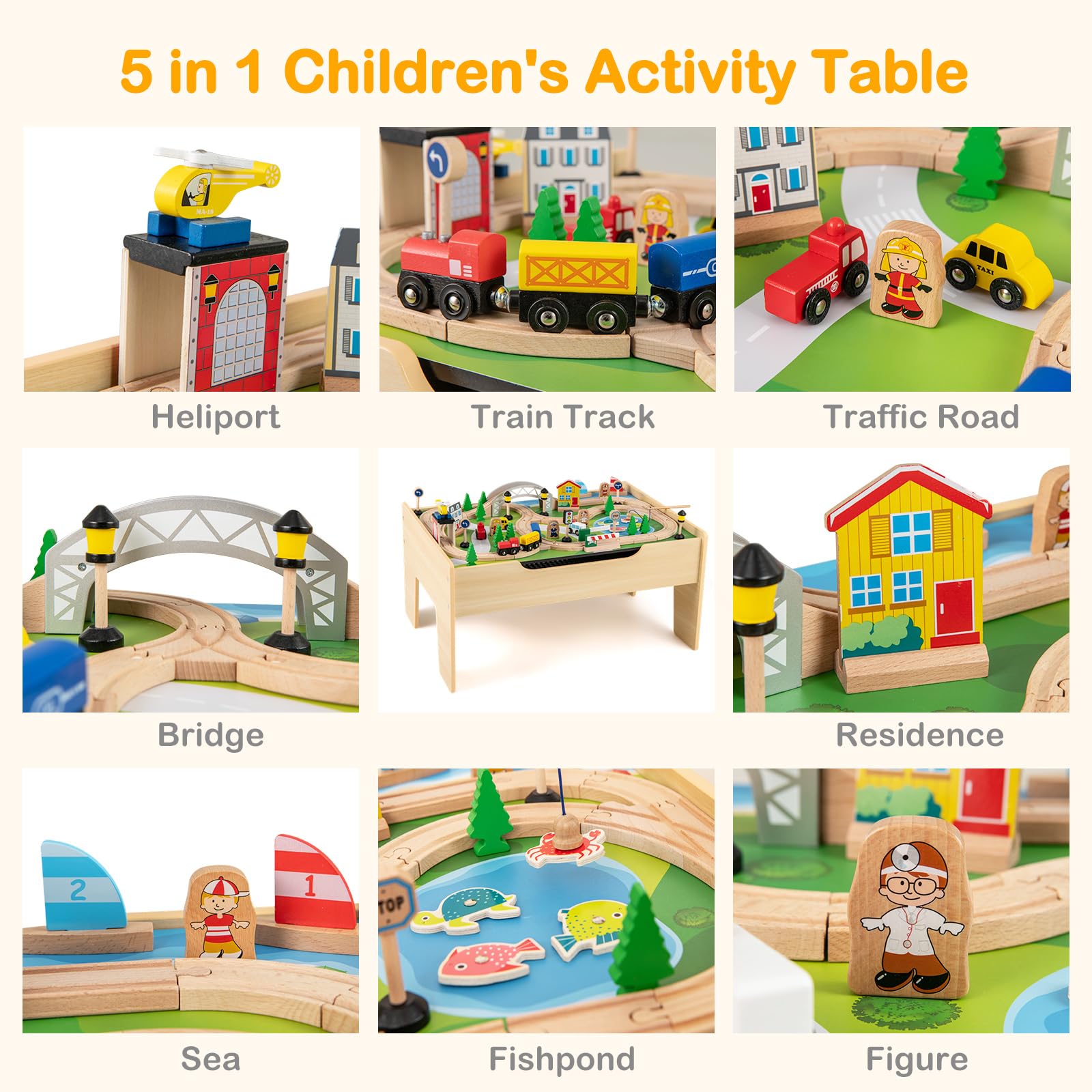 INFANS Train Table, 78 Pieces Wooden Kids Activity Toy Table Playset with Reversible Detachable Blackboard Tabletop
