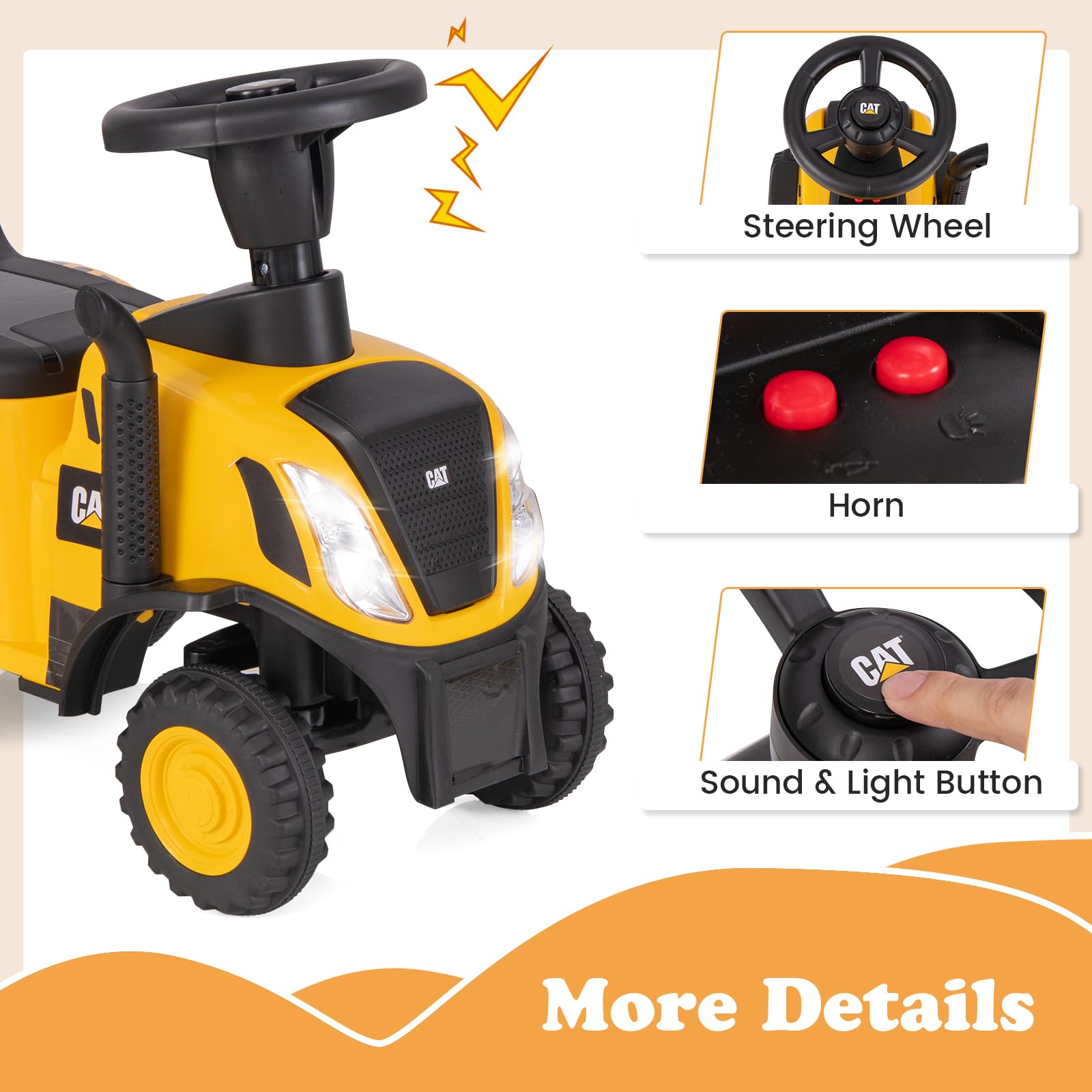 Licensed Caterpillar Ride on Tractor by OLAKIDS, 2 in 1 Ride on Push Car with Detachable Trailer