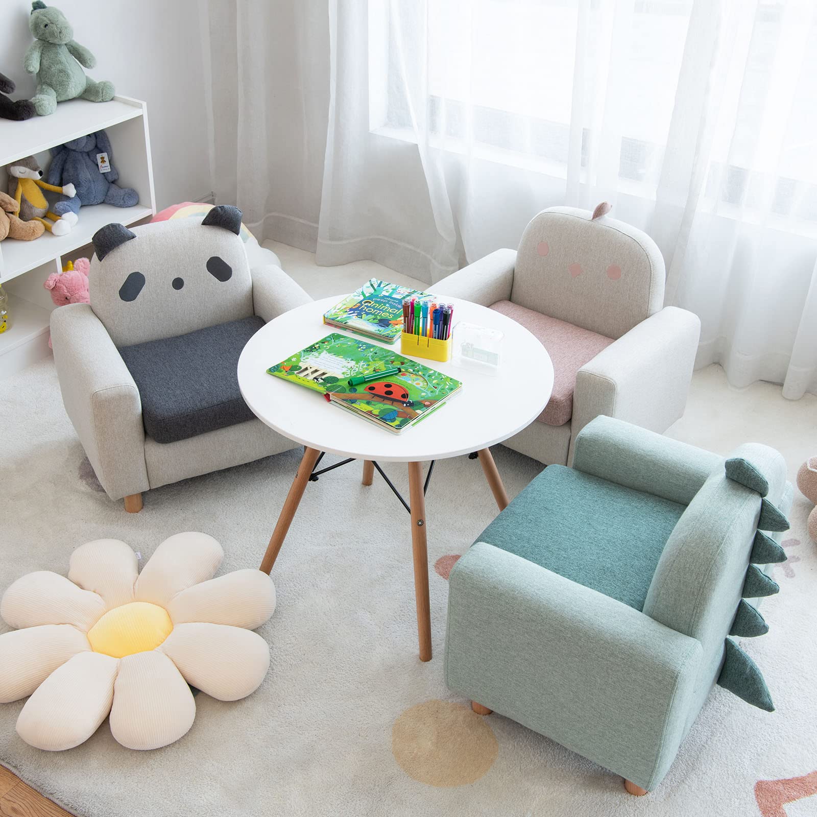 Kids Sofa Wooden Armrest Chair Couch with Thick Cushion Beech Legs