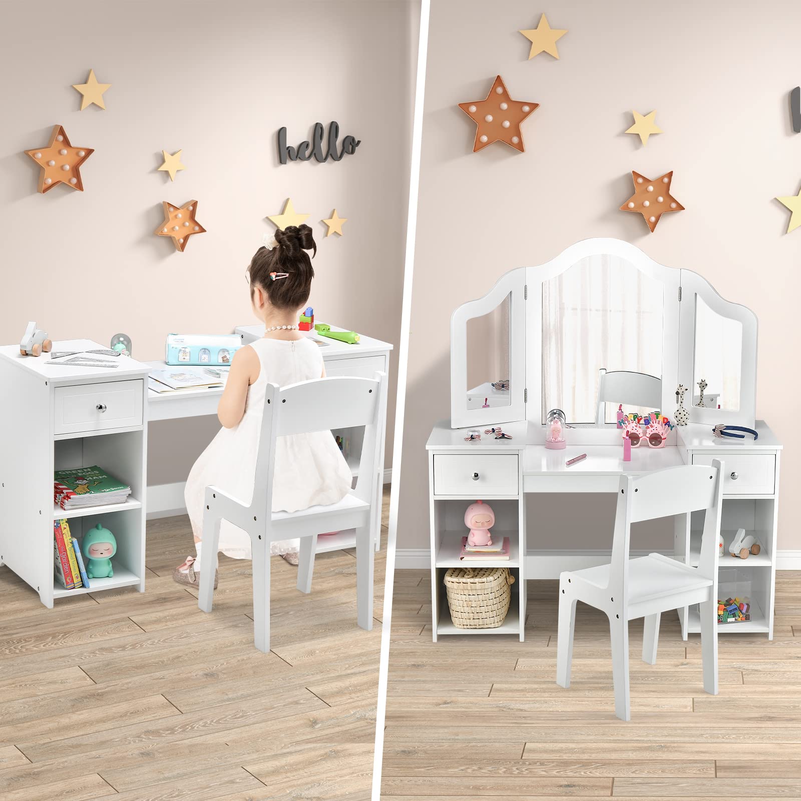 INFANS 2 in 1 Princess Makeup Desk and Chair Set with Drawers Tri-Folding Detachable Mirror Large Storage Shelves
