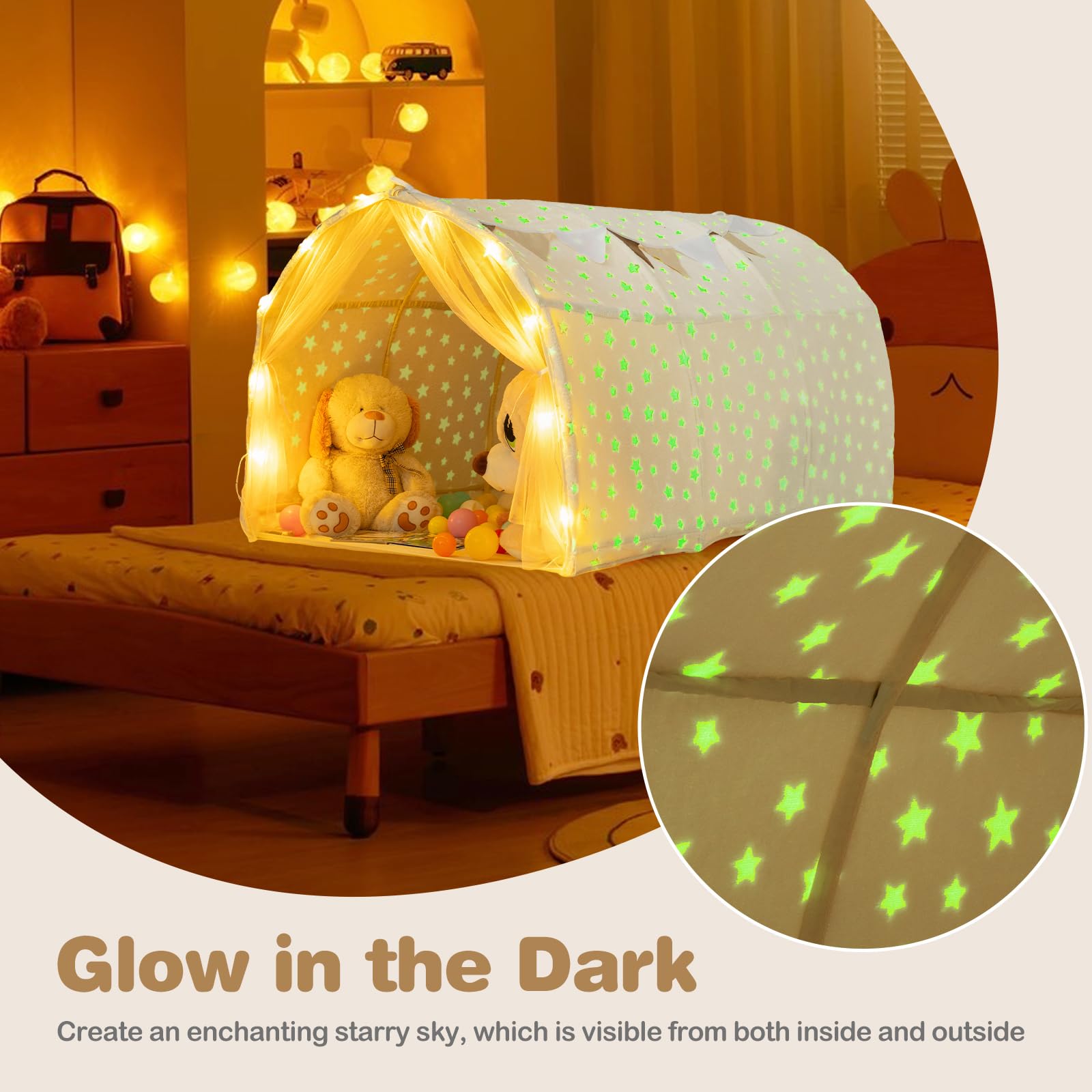 INFANS Kids Bed Tent with Glow in The Dark, Portable Children Playhouse Privacy Space Twin with Mat