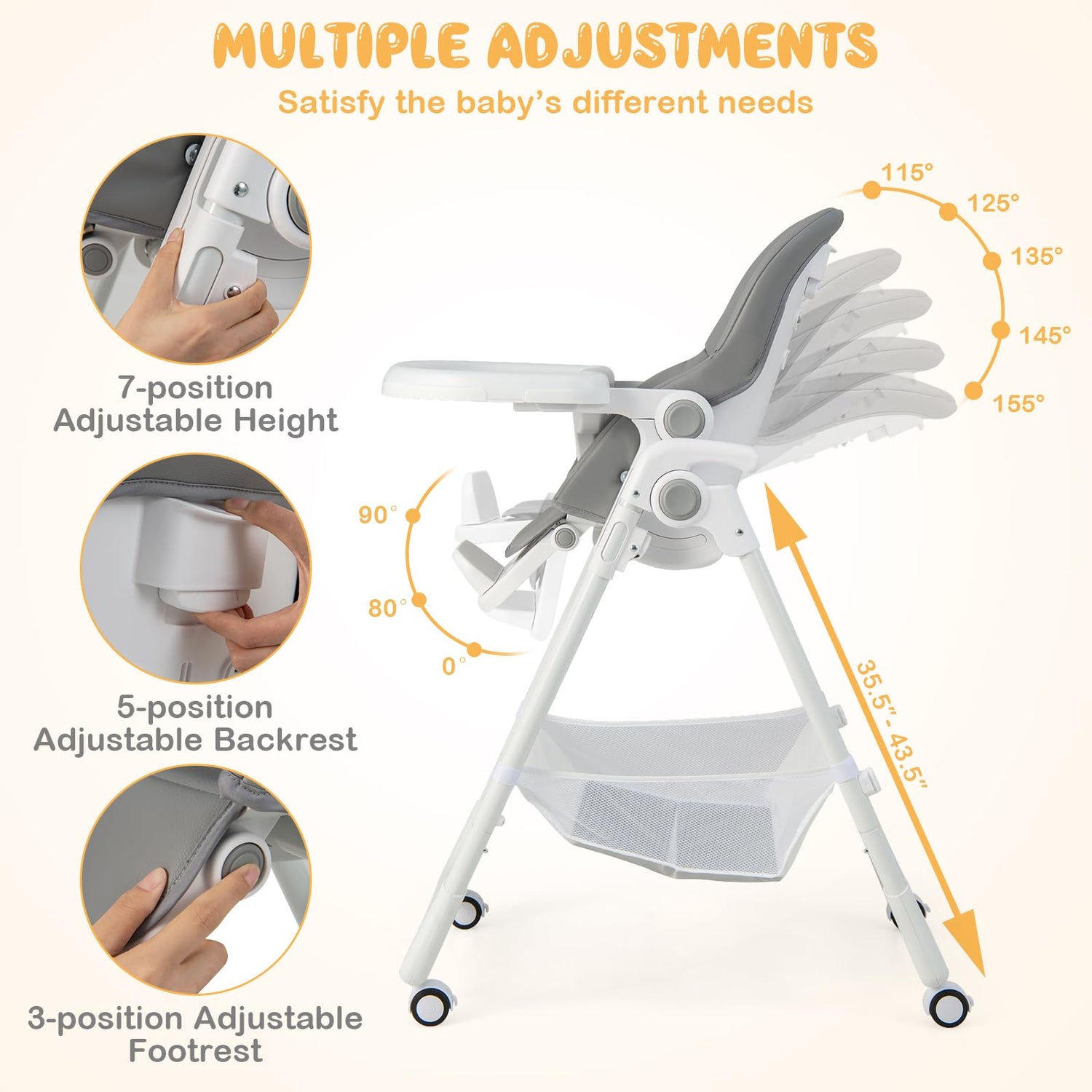 Baby High Chair Foldable Highchair w/ 7 Heights 5 Recline Positions Adjustable Footrest