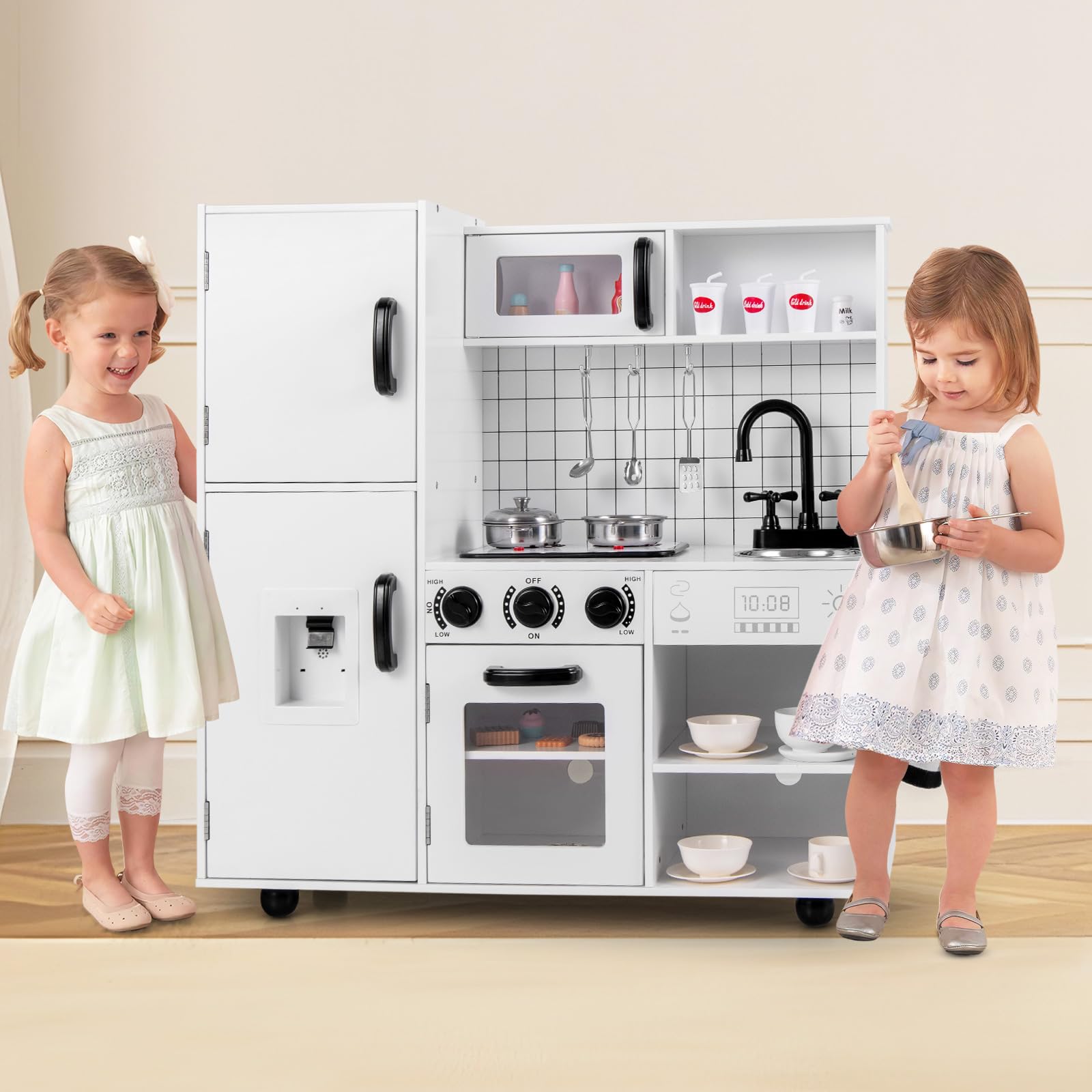 INFANS Play Kitchen for Kids, Wooden Kids Play Kitchen Playset with Realistic Light & Sounds