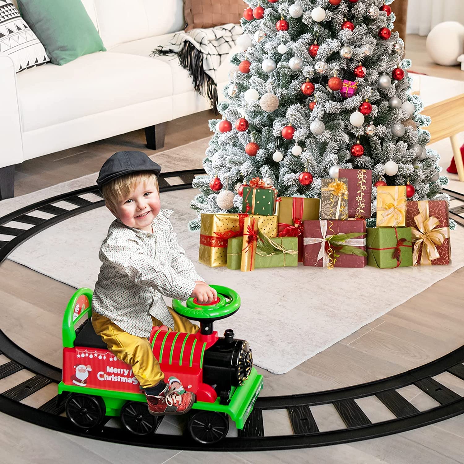Ride on Train Track, 6V Electric Ride on Train with Tracks, Storage Seat, Flashing Lights & Music