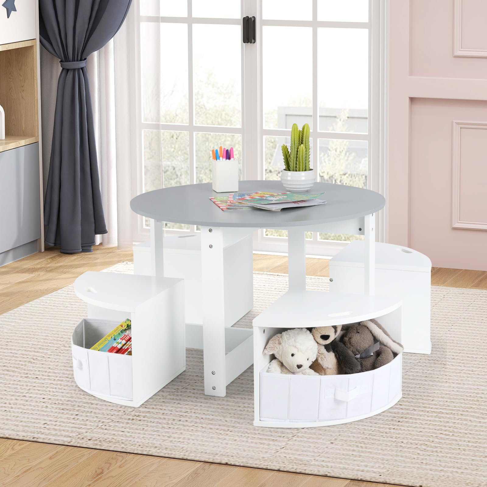 Toddler Table and Chair Set with 4 Storage Stools, Wooden Flower Shaped Nesting Table Blackboard Drawers