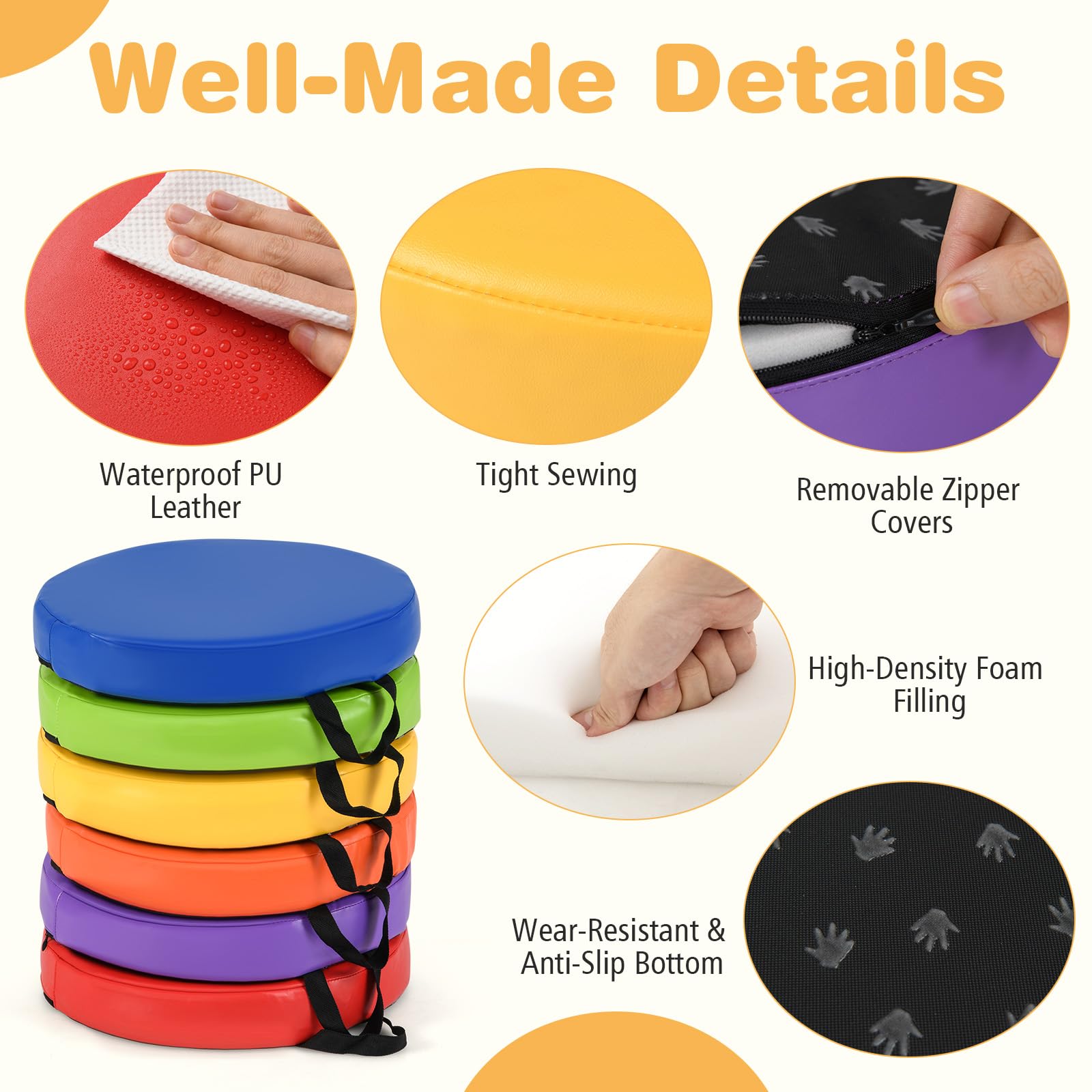 6 PCS Round Floor Cushions for Kids 35cm Classroom Floor Cushions with Handles