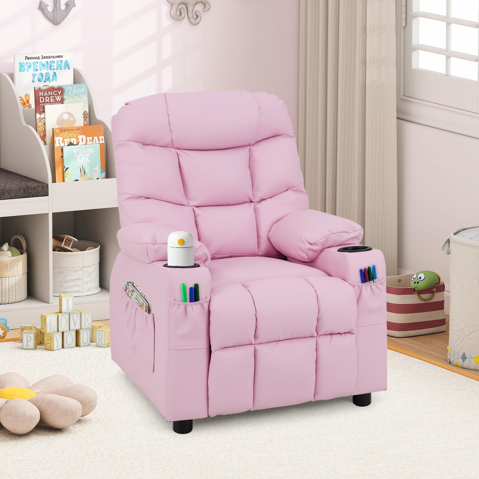 Kids PU Leather Recliner with Cup Holder and Footrest