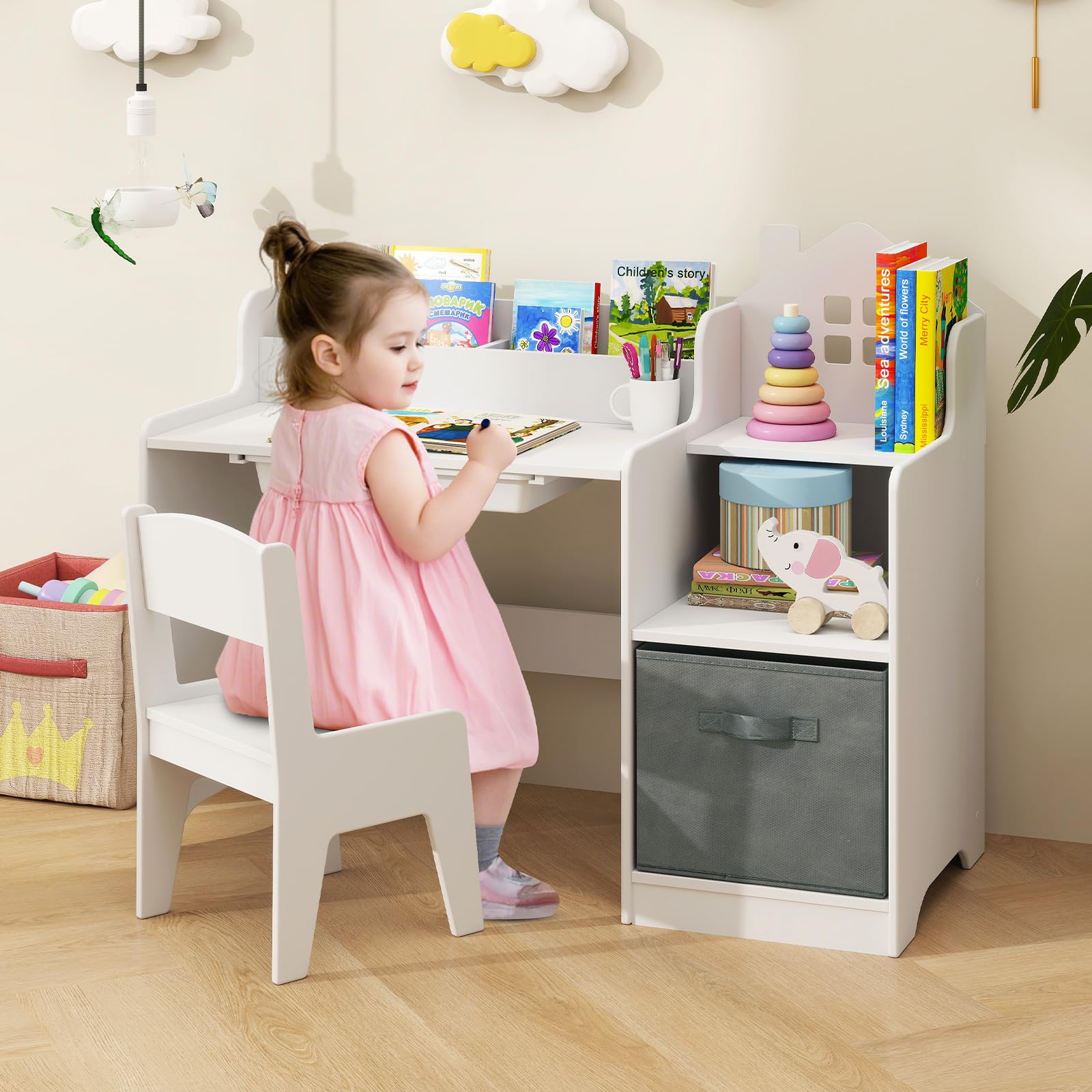 INFANS Kids Table and Chair Set Toddler Art Craft Play Wood Activity Desk with Chairs