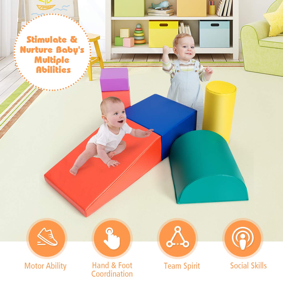 Foam Climbing Blocks for Toddlers 1-3, 6 Pieces Indoor Climb and Crawl Activity Playset with Rectangles
