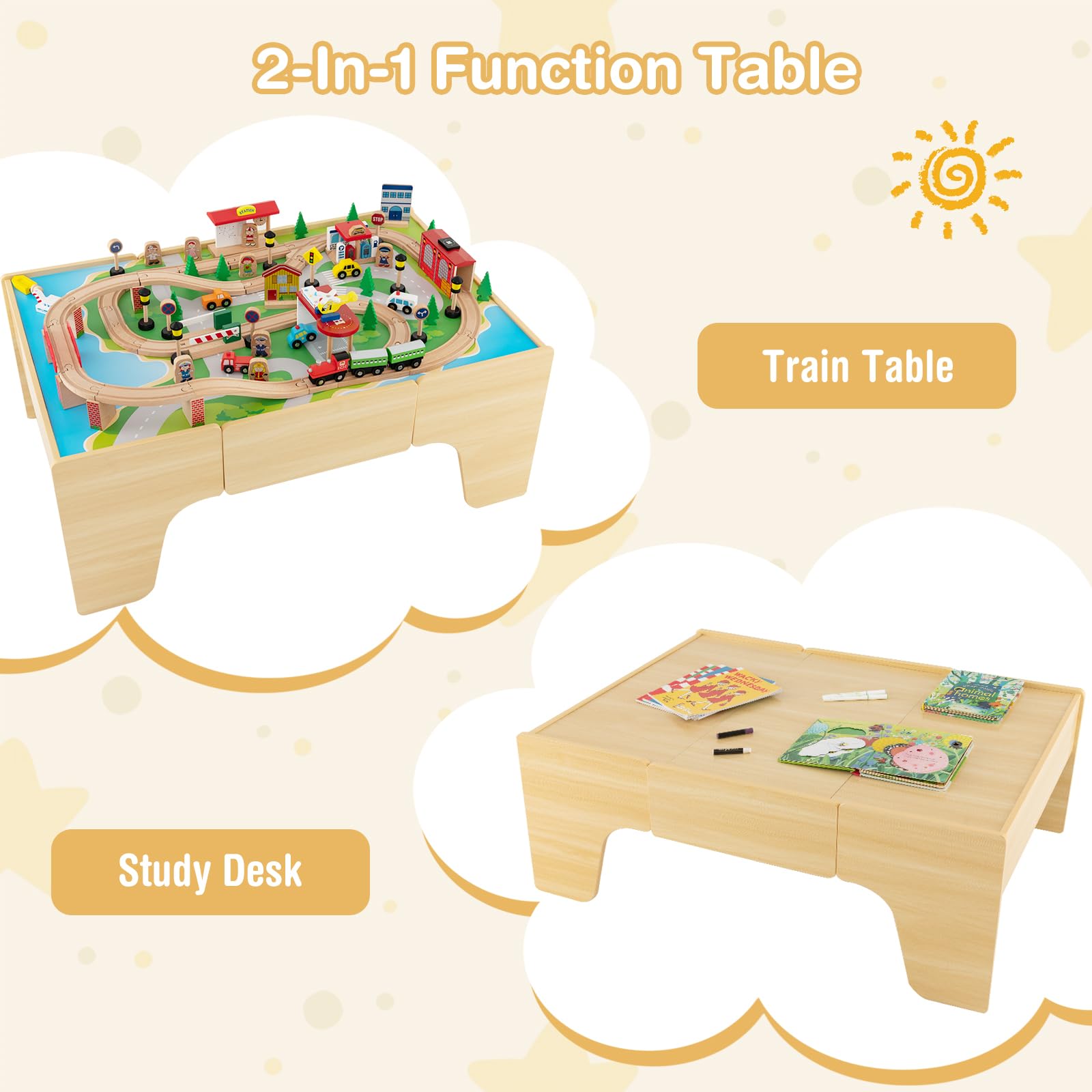 Train Table, 84 Pieces Wooden Kids Activity Toy Table Playset with Reversible Detachable Tabletop
