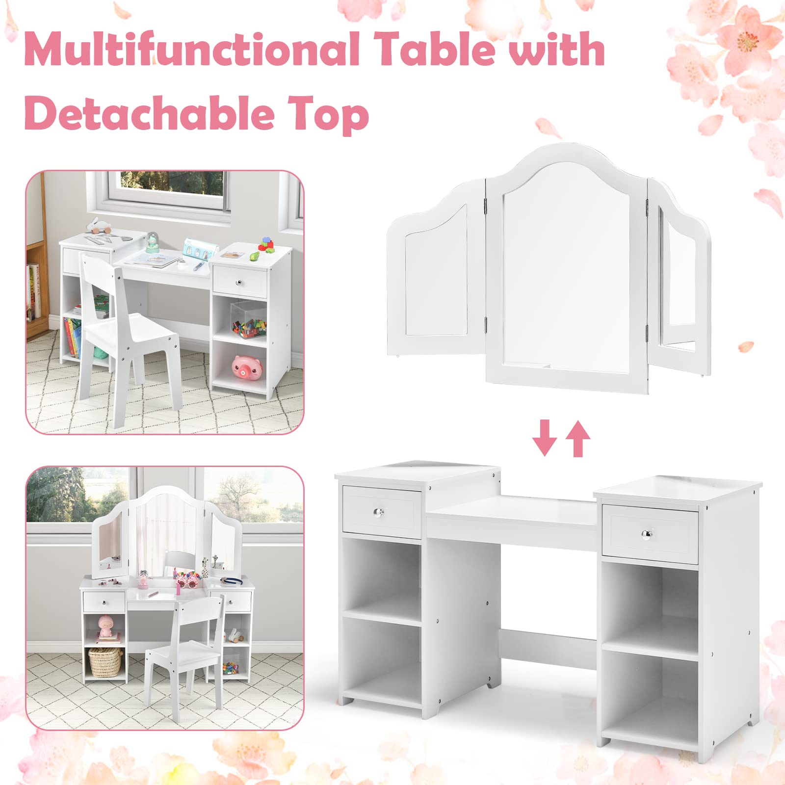 INFANS 2 in 1 Princess Makeup Desk and Chair Set with Drawers Tri-Folding Detachable Mirror Large Storage Shelves