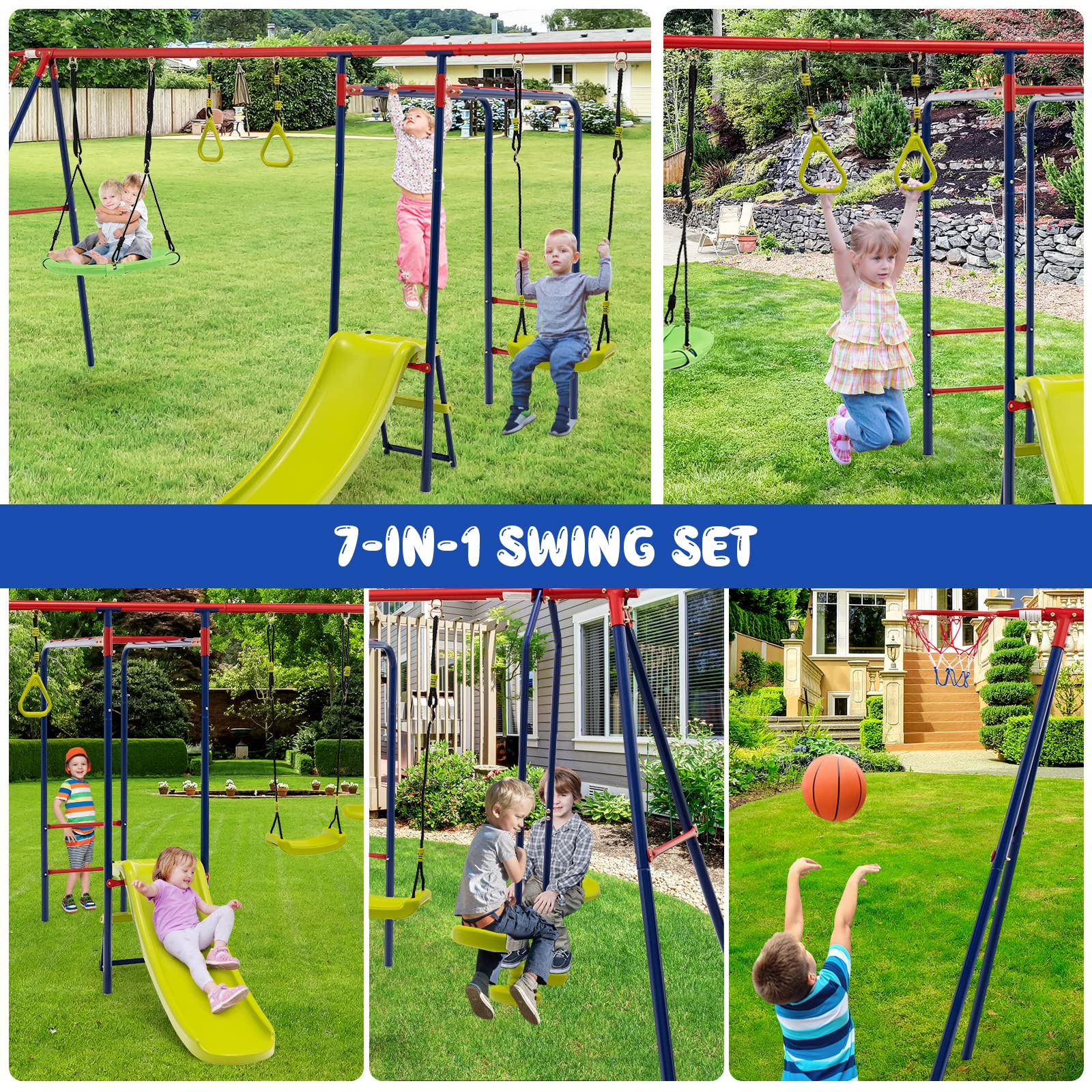 OLAKIDS 660lbs Swing Set, Outdoor A-Frame Heavy Duty Metal Swing Stand with Monkey Bar for Kids