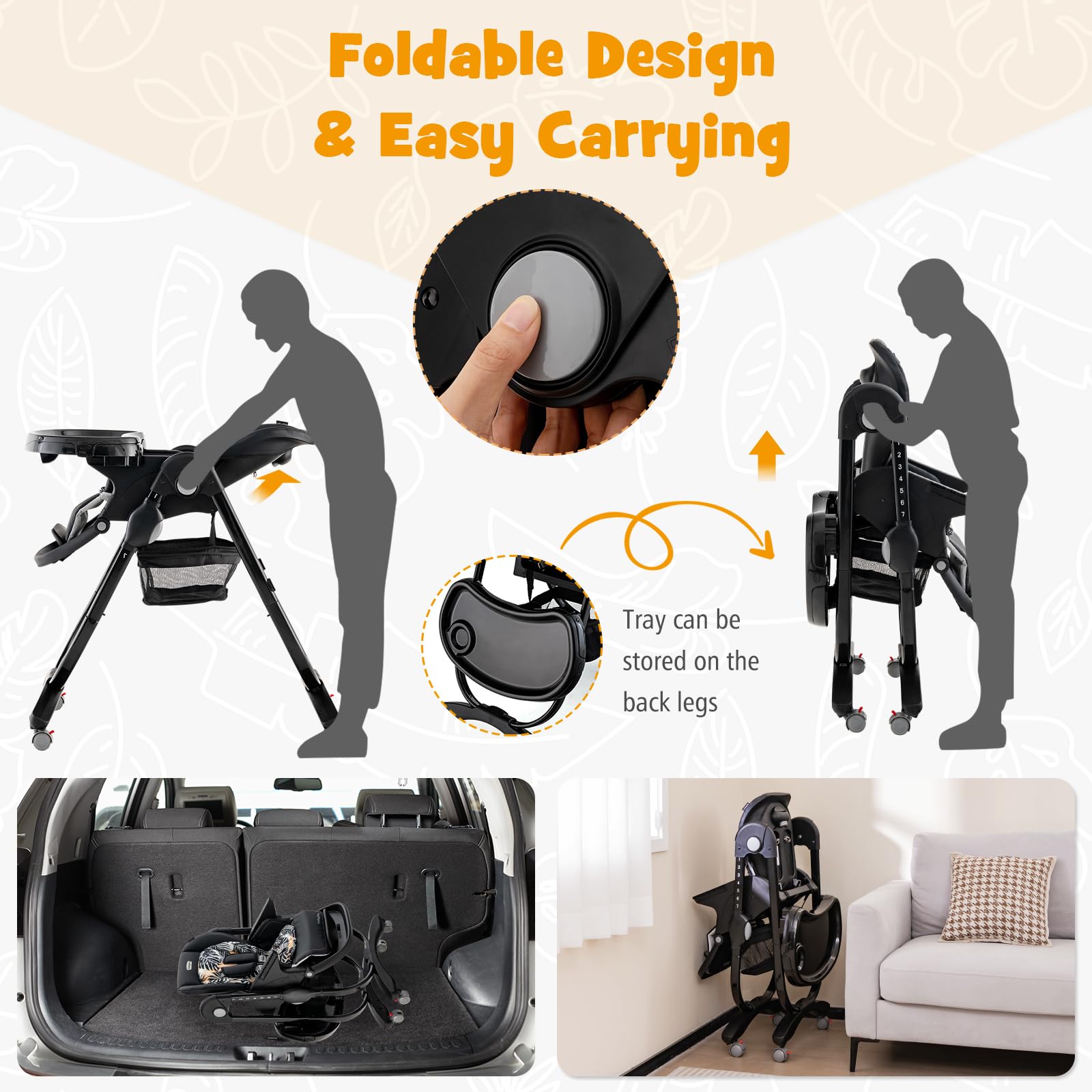 High Chair for Babies & Toddlers Folding Baby Highchair w/Rolling Wheels Adjustable Height