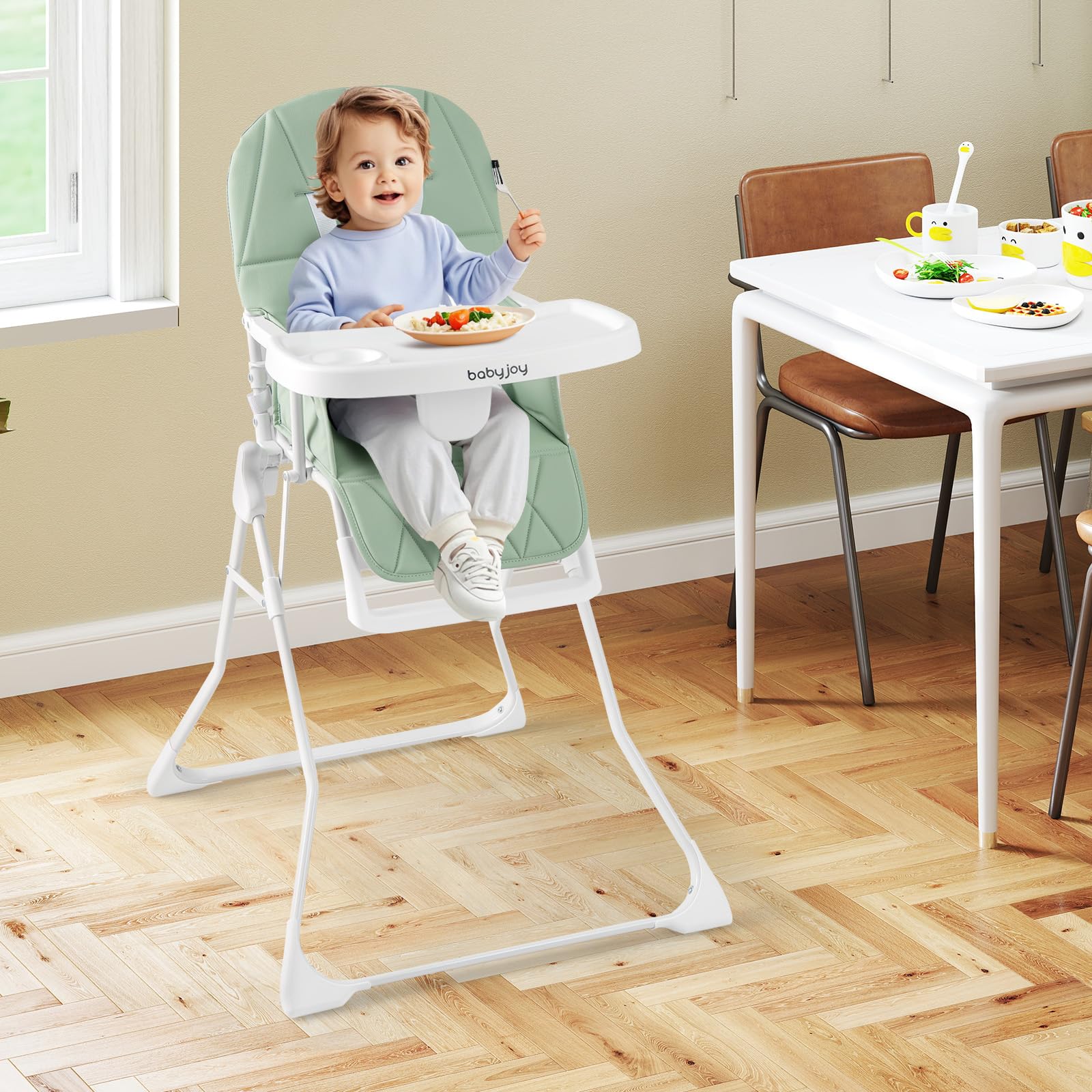 oldable High Chair Easy Clean Compact Highchair with Removable Adjustable Tray and PU Seat Cushion