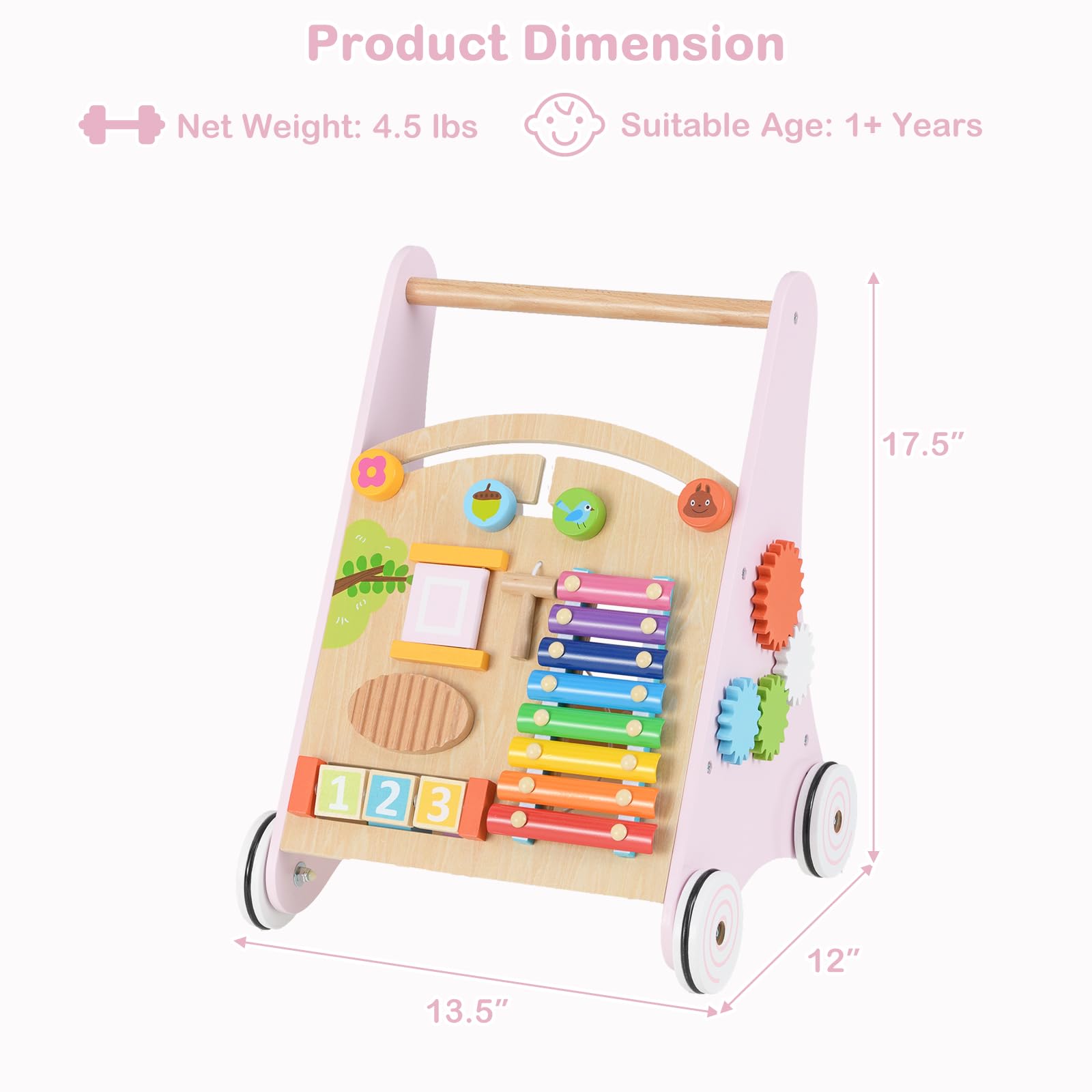INFANS Wooden Baby Walker, Montessori Walker with Multiple Activity Toys