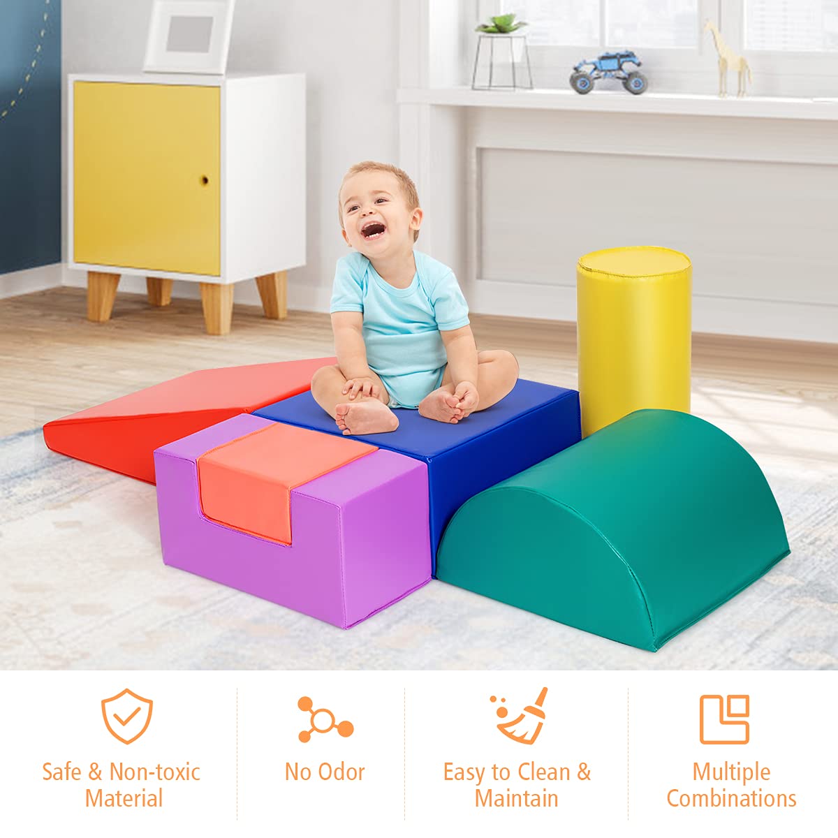 Foam Climbing Blocks for Toddlers 1-3, 6 Pieces Indoor Climb and Crawl Activity Playset with Rectangles