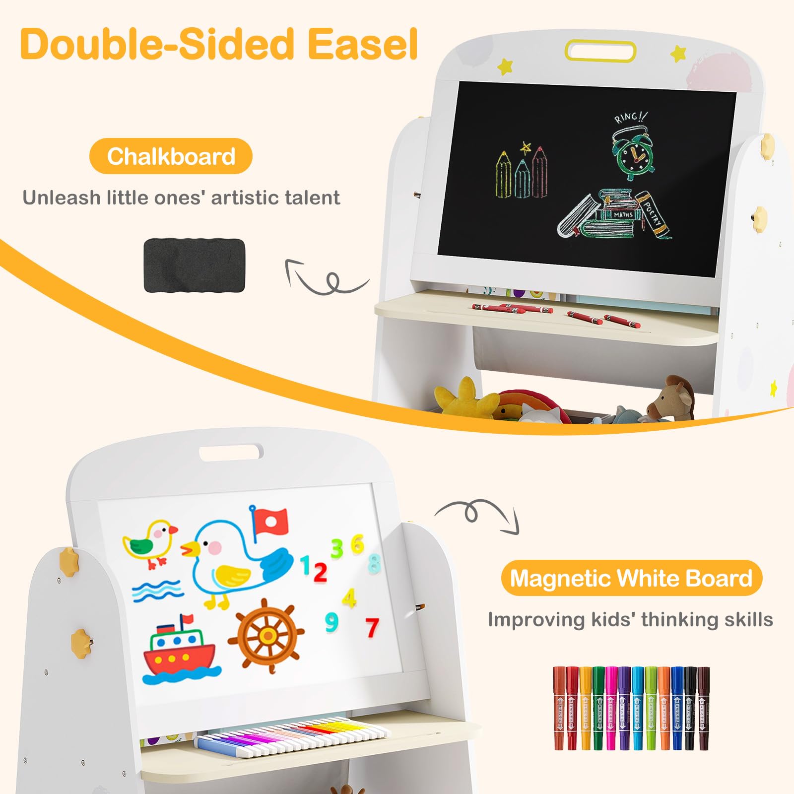 Easel for Kids with Stool, 4-in-1 Double-Sided Adjustable Magnetic Chalkboard with Paper Roll