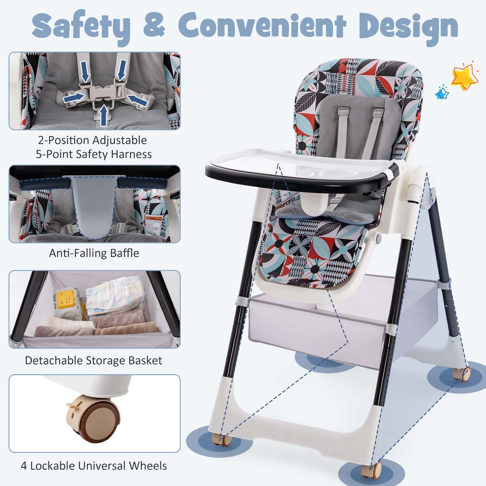 5-in-1 folding baby high chair with wheels and footstool