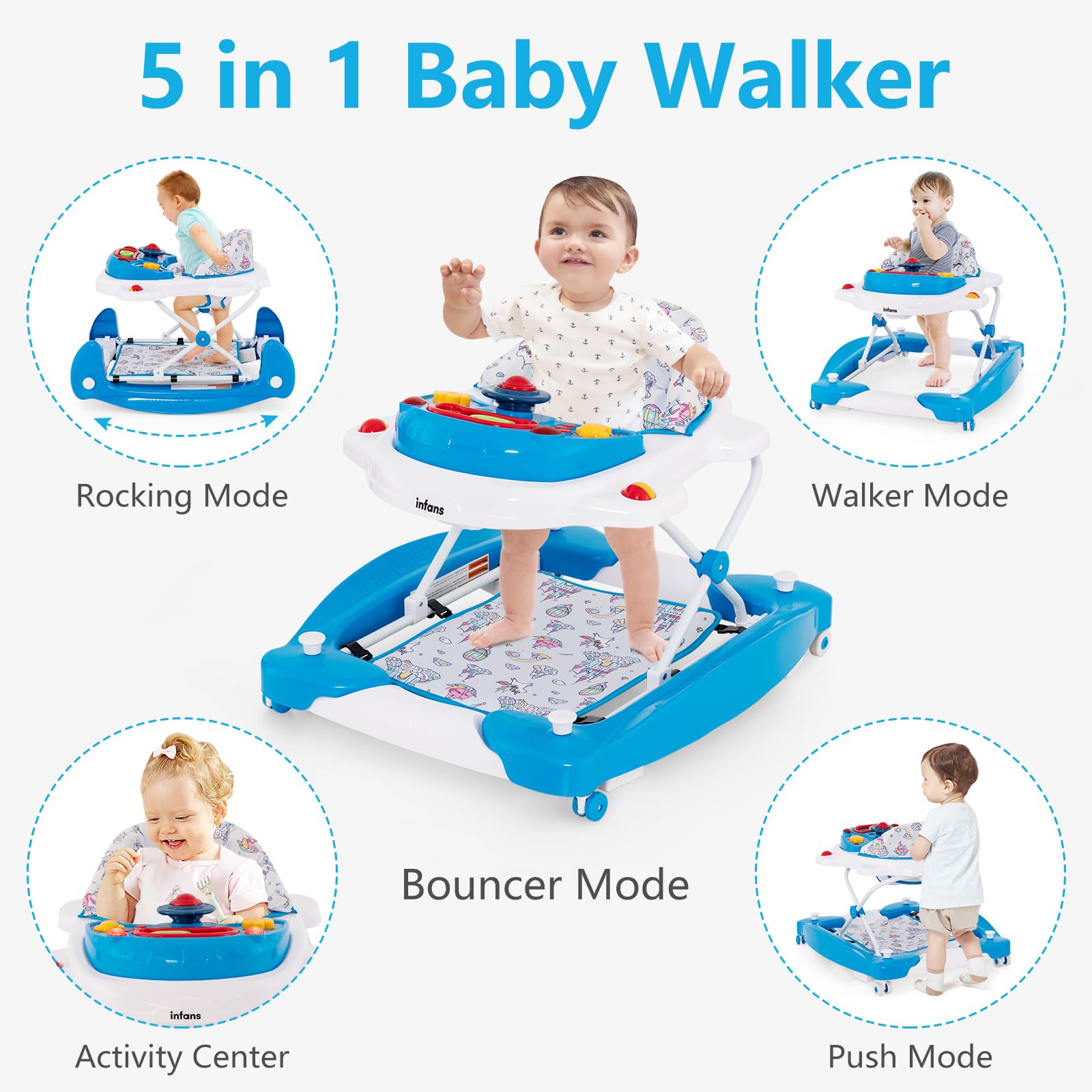 INFANS Baby Walker 5 in 1 Behind Walker Learning Seated Rocker Bouncer with Removable Music Tray