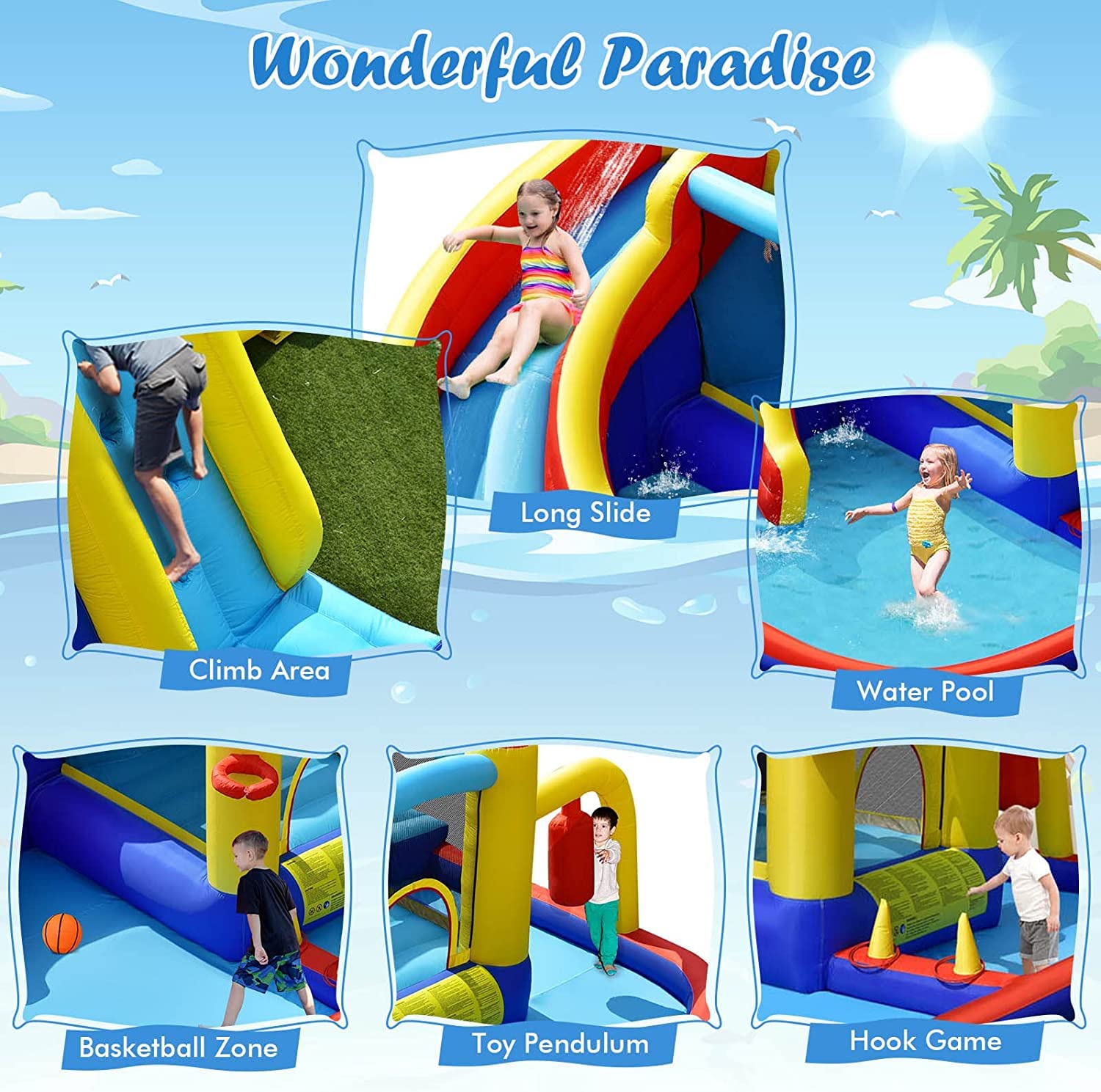 Inflatable Water Slide, 7-in-1 Outdoor Kids Water Bounce House Jumping Castle w/Combo Water Slide, Splash Pool