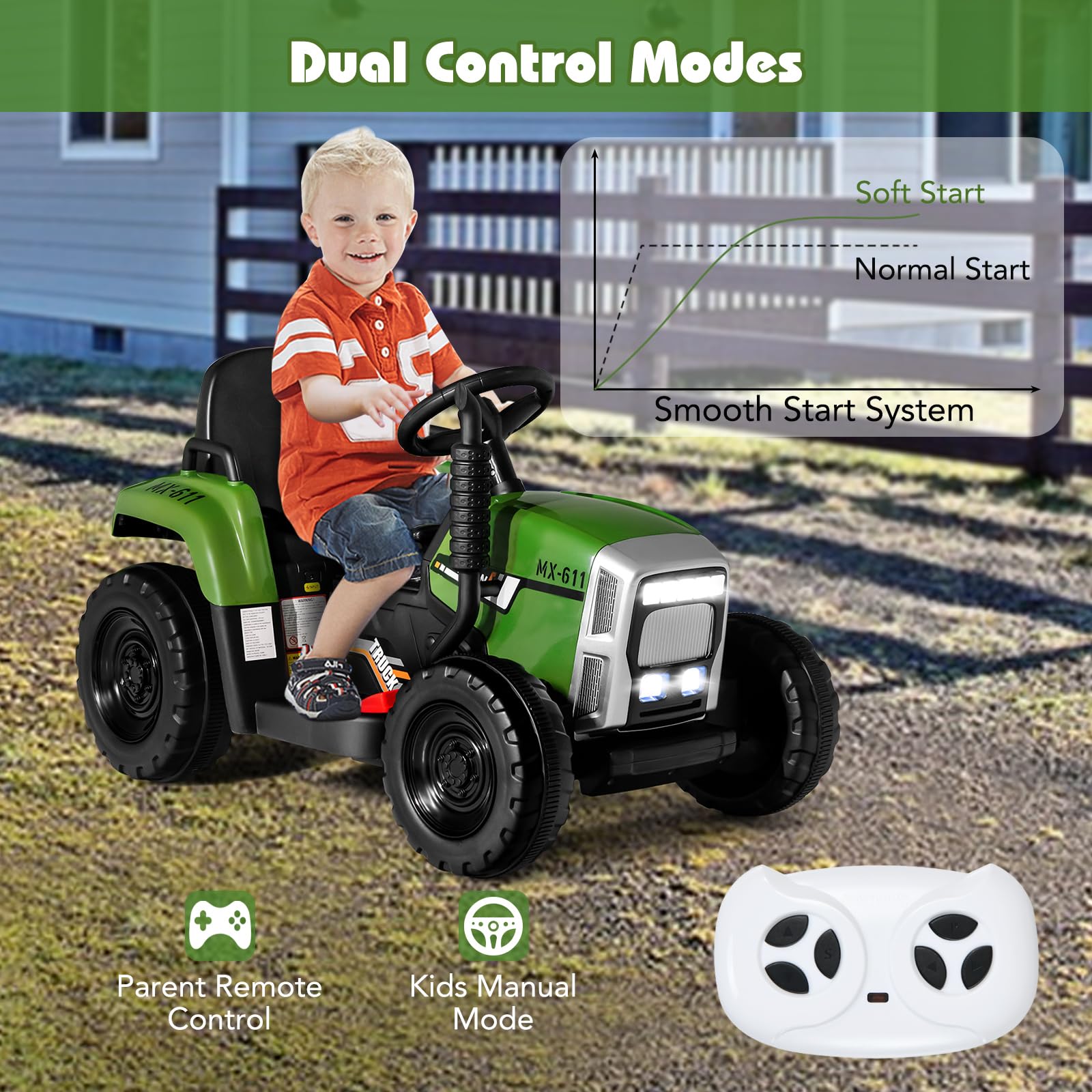 Kids Ride On Car, 12V Electric Ride On Tractor with Trailer for Children, Electric Toy Car for Over 3 w/Remote Control