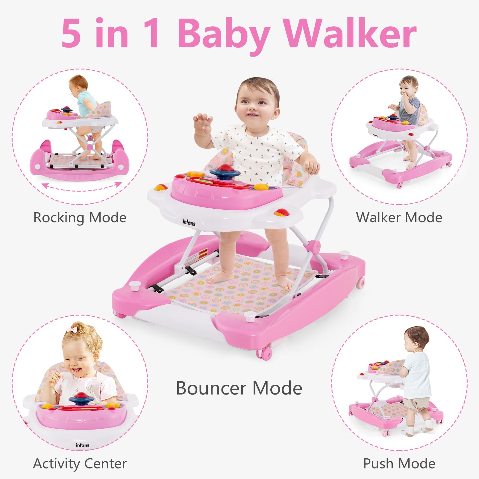 INFANS Baby Walker 5 in 1 Behind Walker Learning Seated Rocker Bouncer with Removable Music Tray