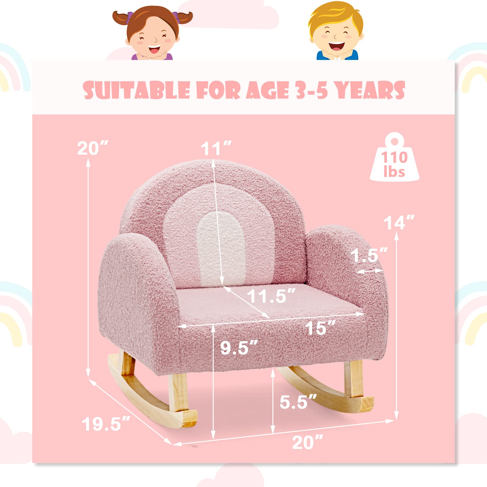 INFANS Kids Sofa Toddler Rocking Chair with Solid Wooden Frame, Anti-Tipping Design