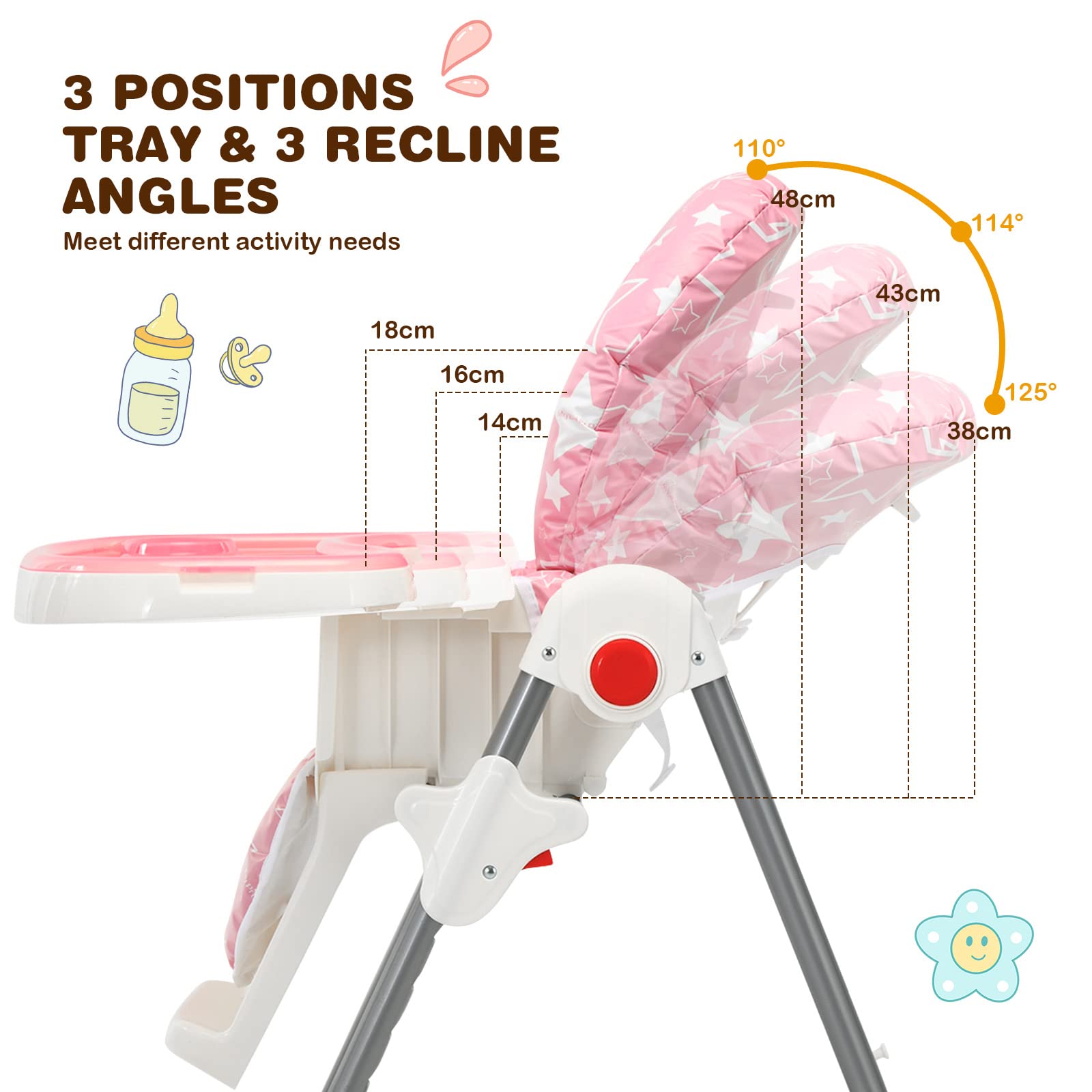 Folding Baby Highchair Eating Feeding Table Booster Seat with 6-Level Height Adjustment