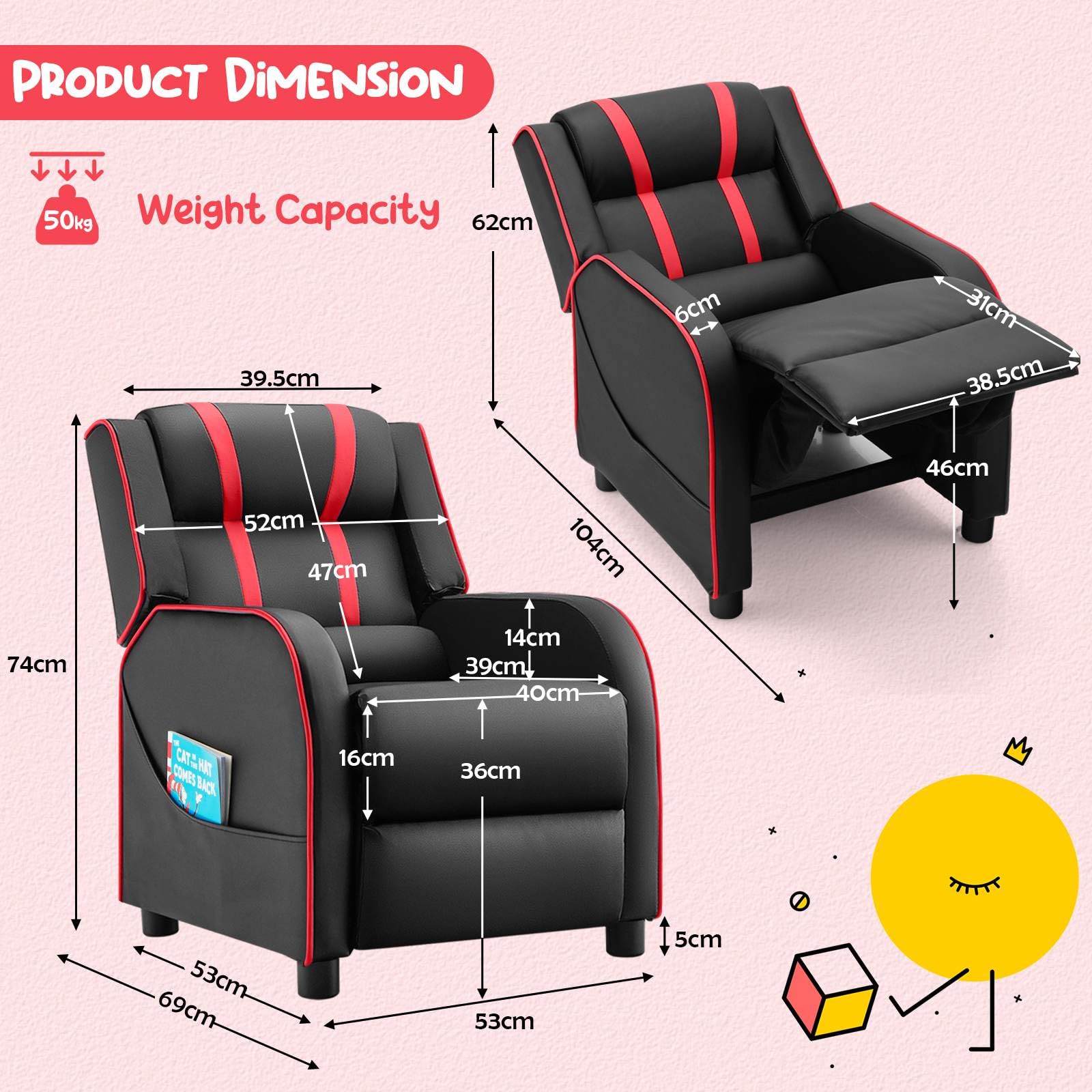 Kids Recliner Sofa Couch with Adjustable Backrest Footrest and High Density Sponge