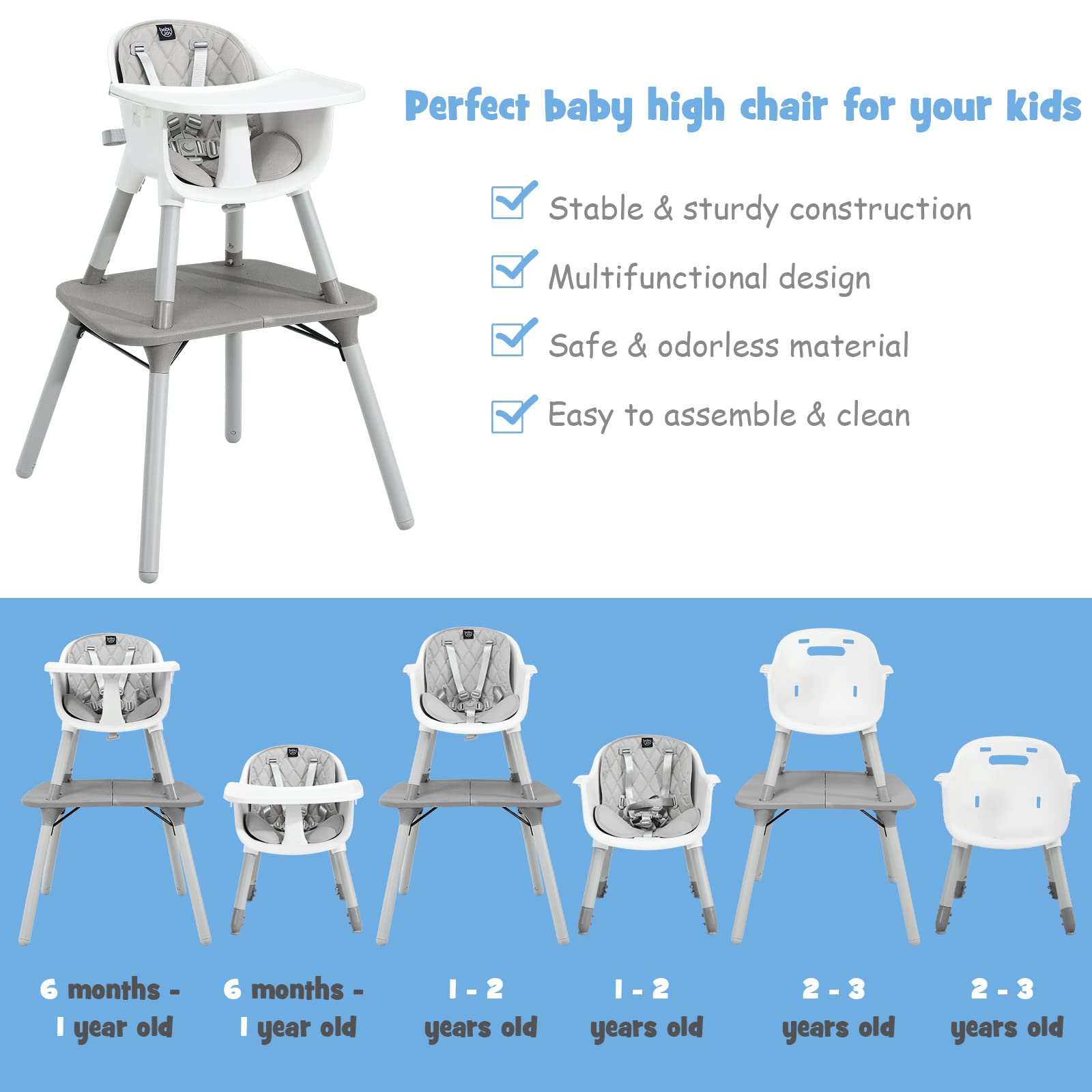 5-in-1 Multifunctional Convertible Baby Highchair with Harness & Removable Tray