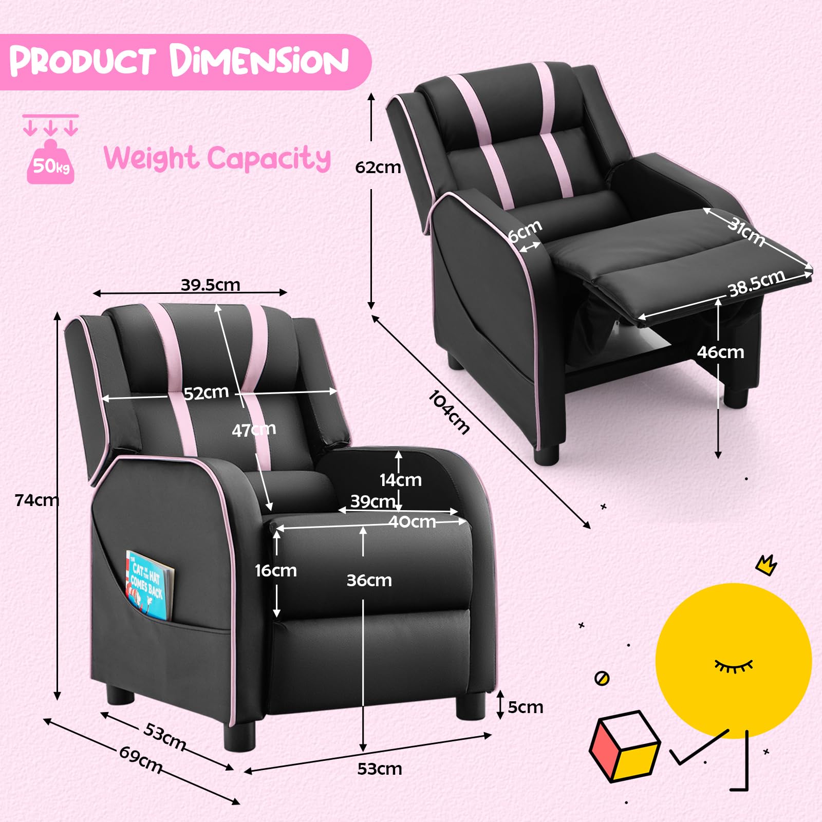Kids Recliner Sofa Couch with Adjustable Backrest Footrest and High Density Sponge