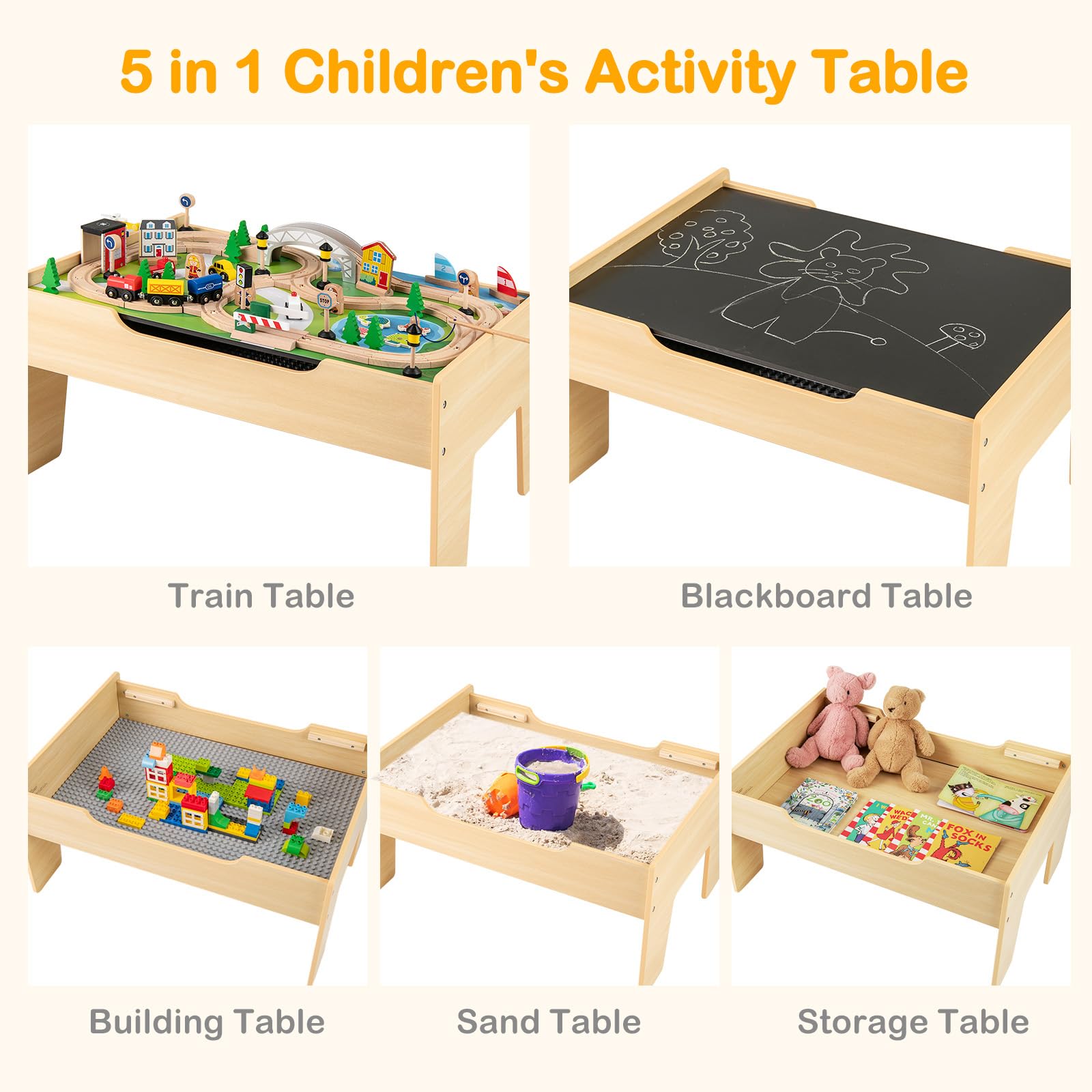 INFANS Train Table, 78 Pieces Wooden Kids Activity Toy Table Playset with Reversible Detachable Blackboard Tabletop