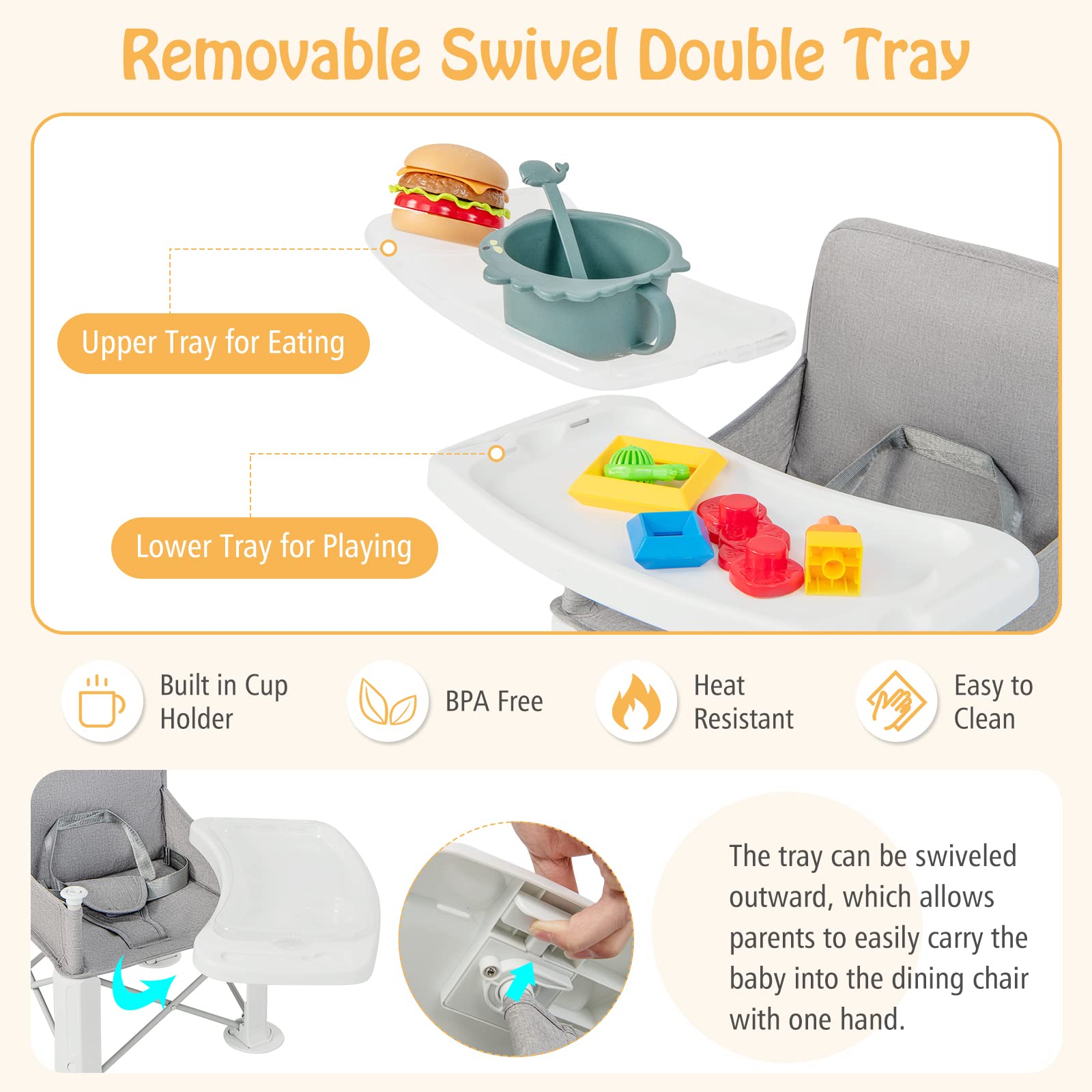 Baby Travel Booster Seat Portable Folding Toddler Floor Dining Chair w/Removable Swivel Double Tray