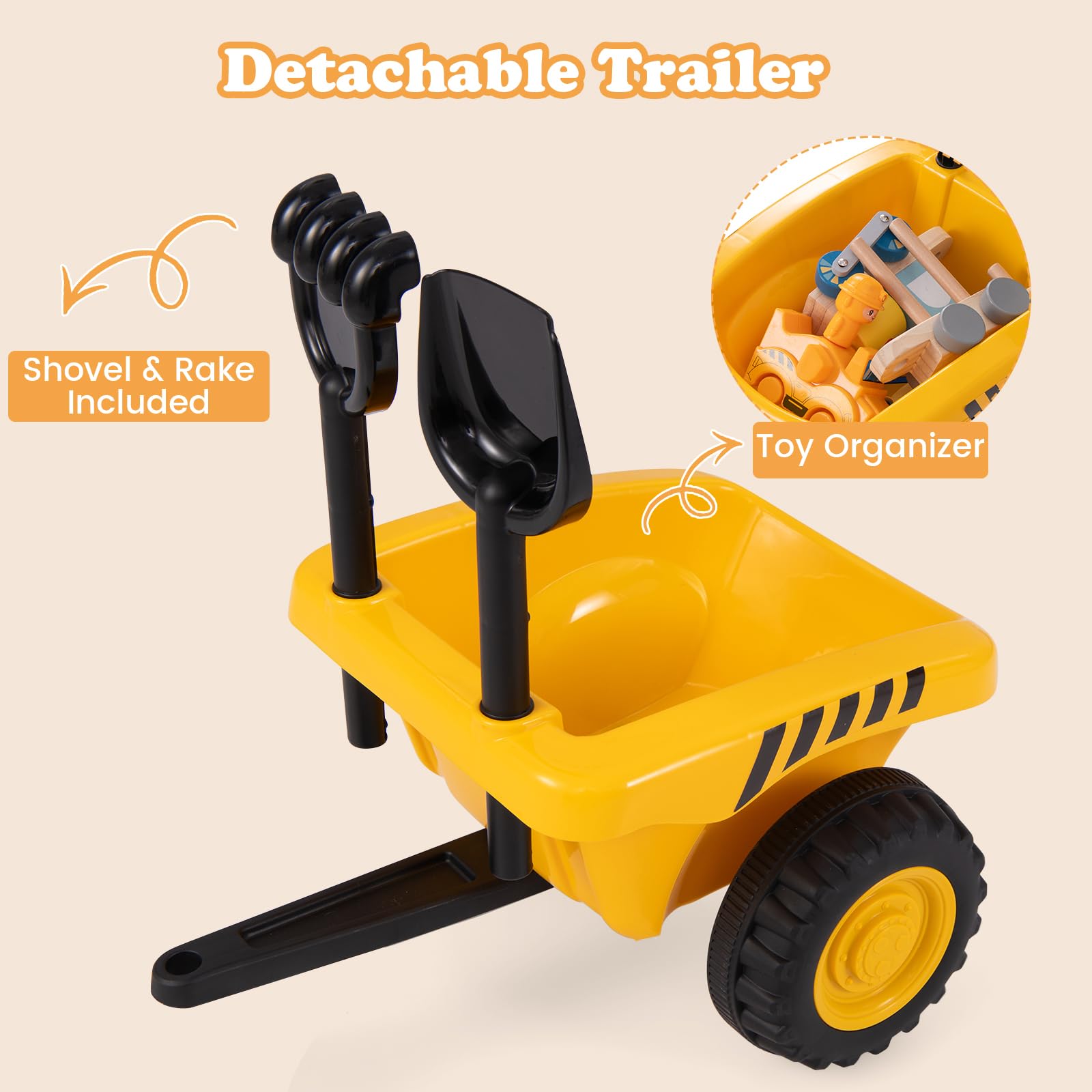 Licensed Caterpillar Ride on Tractor by OLAKIDS, 2 in 1 Ride on Push Car with Detachable Trailer