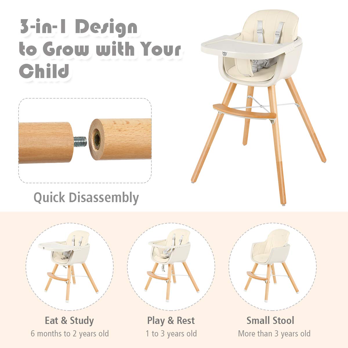 3-in-1 Wooden High Chair/Booster/Chair with Removable Tray