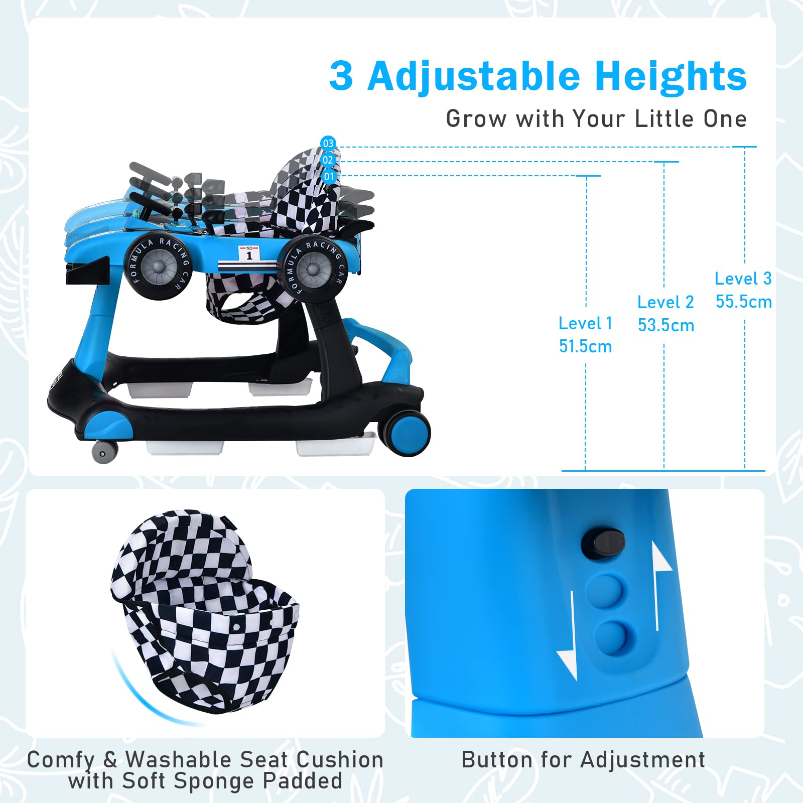 4-in-1 Foldable Activity Car Walker with Adjustable Height and Speed