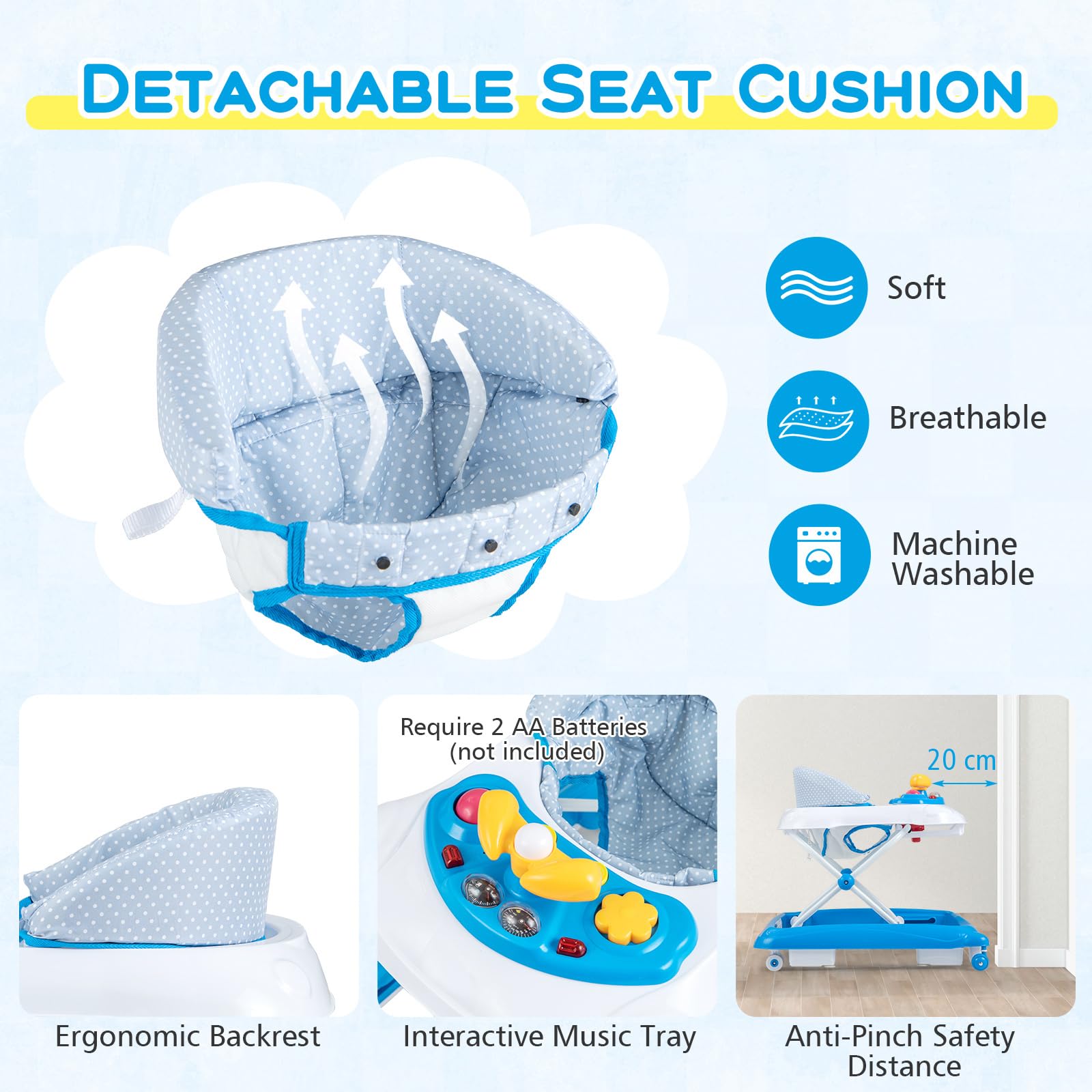 Foldable Baby Walker with 3 Adjustable Heights Comfy Padded Seat Lights and Music Tray