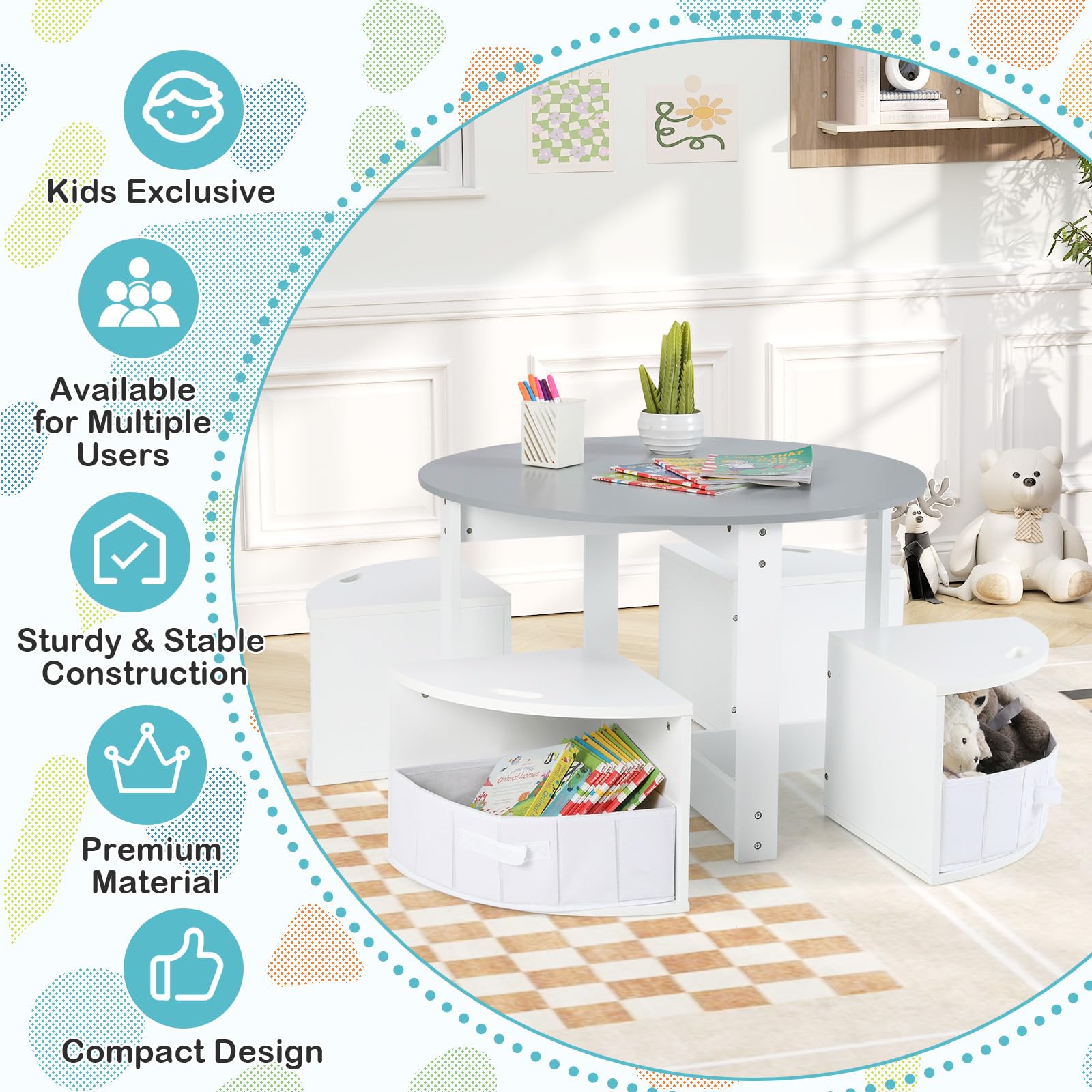 Toddler Table and Chair Set with 4 Storage Stools, Wooden Flower Shaped Nesting Table Blackboard Drawers