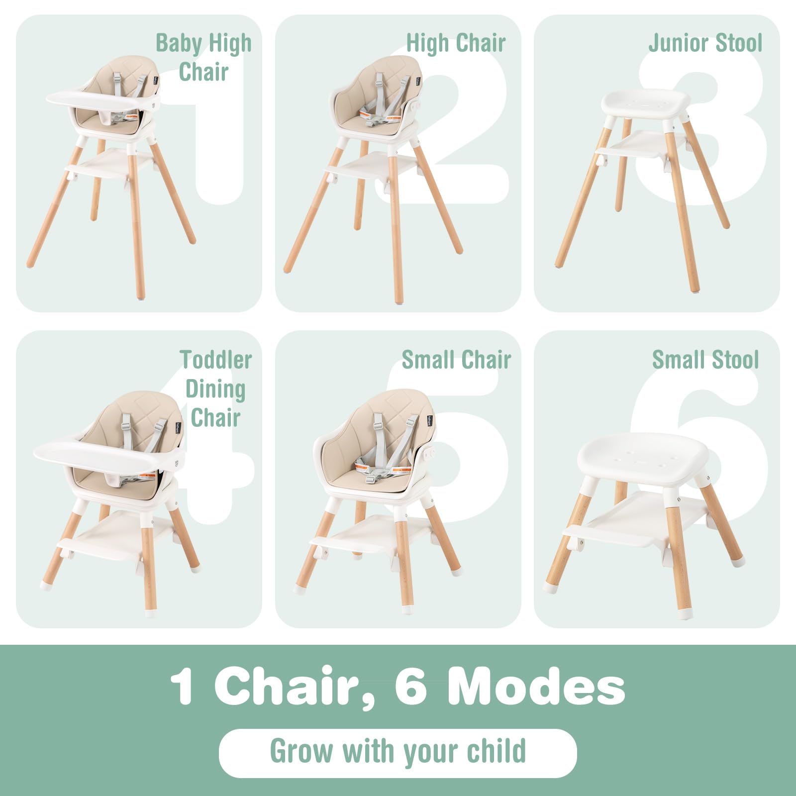 6-in-1 Convertible Wooden High Chair Baby High Chair with Double Dishwasher Safe Trays