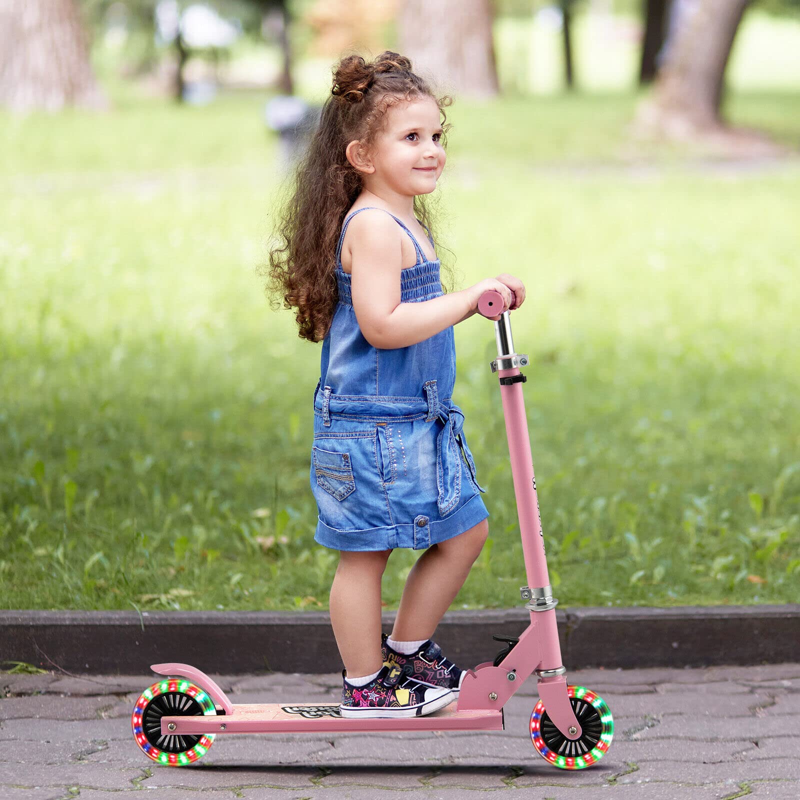Kids Folding Kick Scooter, Scooter for Toddlers w/3 Adjustable Heights, 2 Light Up Flashing Wheels & Rear Brake System